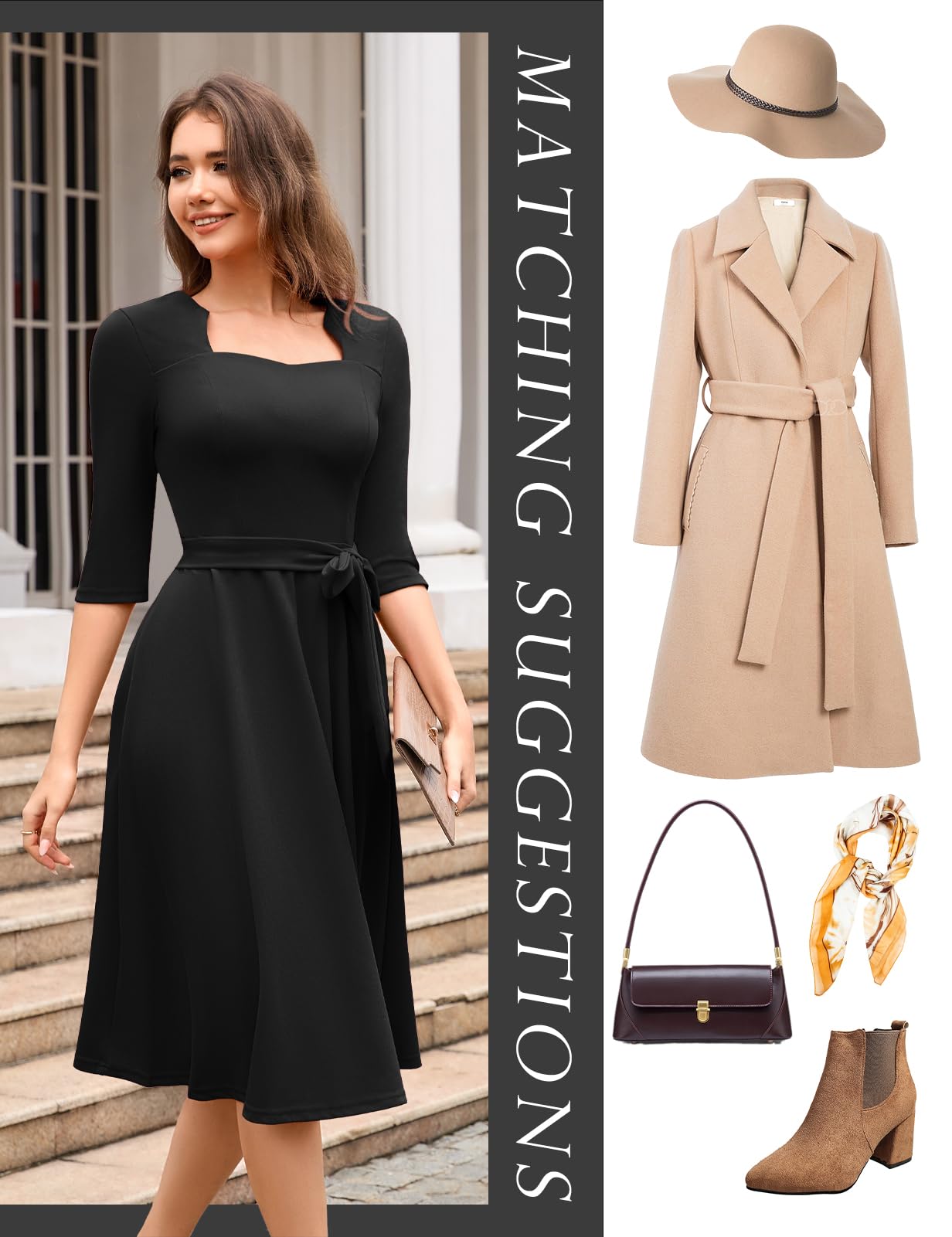 Elegant Women's Formal Cocktail Dress with Flared A-Line Skirt & 3/4 Sleeves - Perfect for Weddings, Prom, Church & Tea Party Events