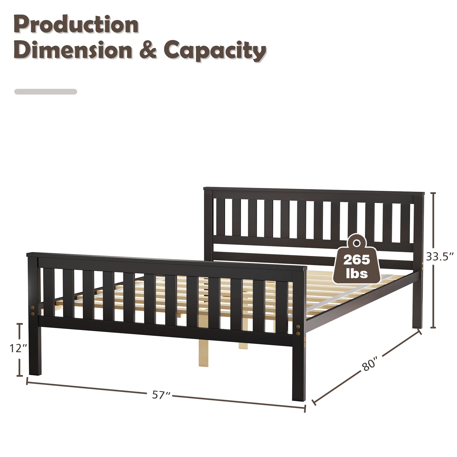 **KOMFOTT Solid Wood Full Size Bed Frame with Headboard & Footboard - 8-Slat Platform Mattress Foundation, 12