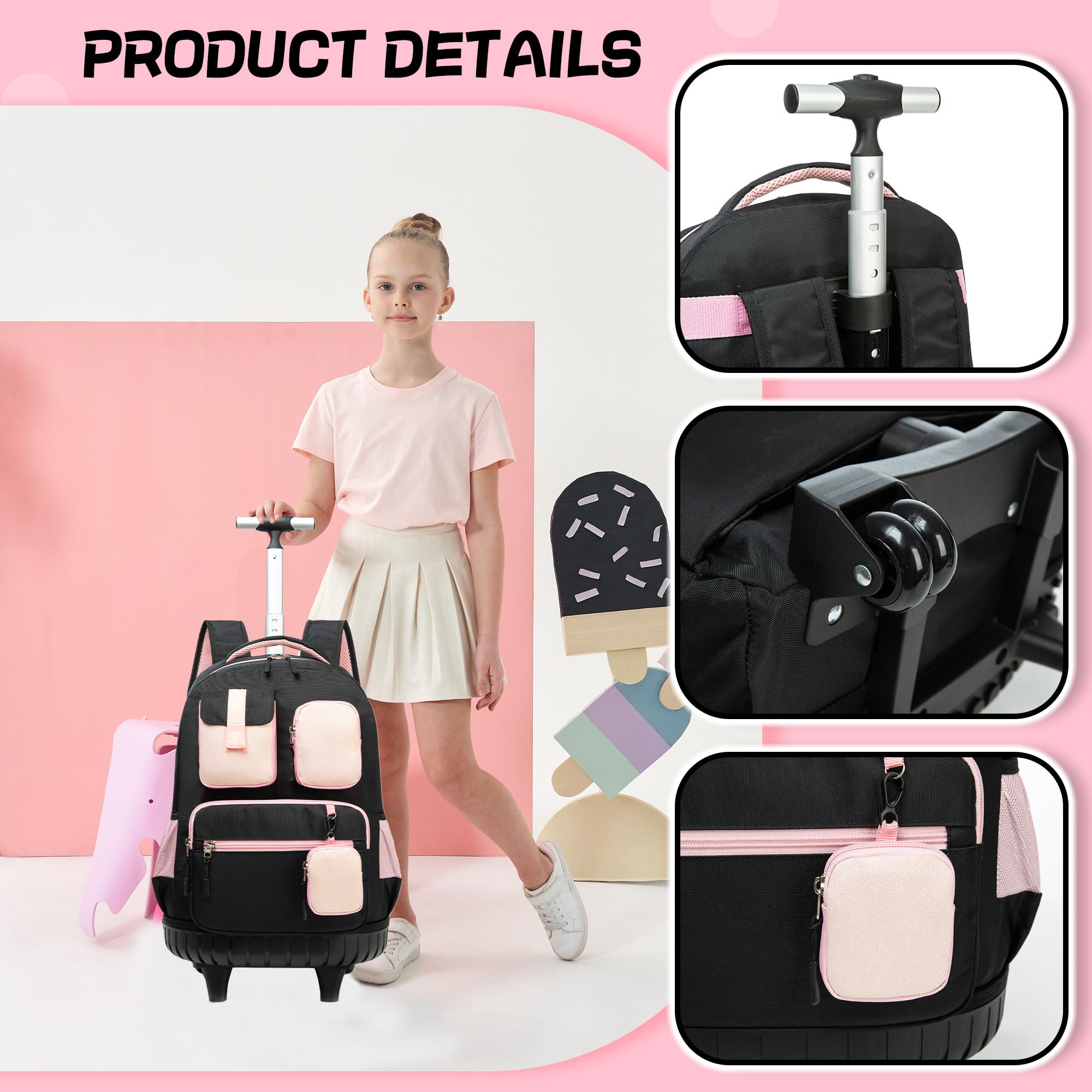Rolling Backpack for Girls 8-12 - Wheeled School Backpack with Lunch Box Set - Durable Black Roller Backpack for Teens - Perfect for School, Travel & Daily Commute