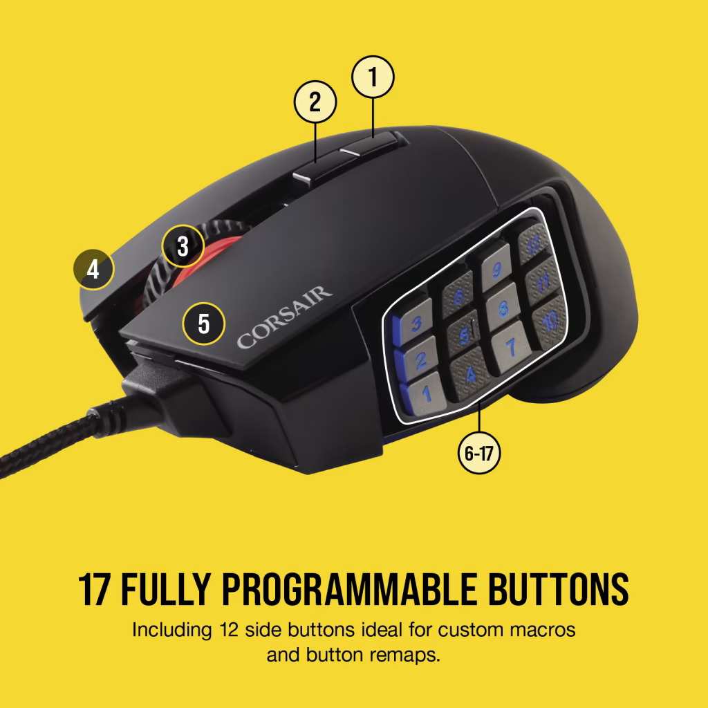 CORSAIR SCIMITAR RGB ELITE Wired Gaming Mouse - 16,000 DPI, 12 Programmable Buttons, Optical Sensor for MOBA/MMO Games - Perfect for Esports, PC Gaming & Professional Gamers