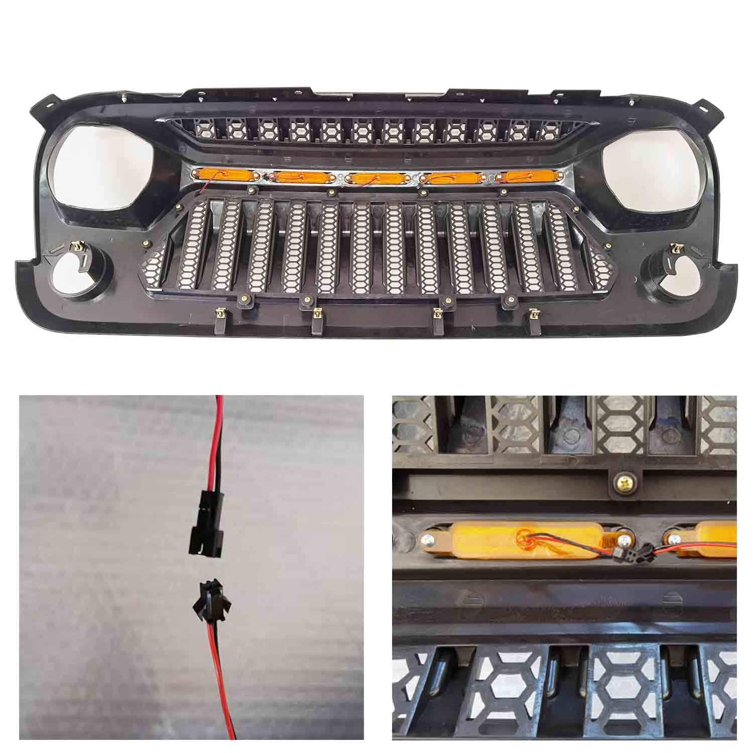 2007-2018 Jeep Wrangler JK JKU Front Grill Mesh Cover - Matte Black ABS with Amber LED Running Lights | Fits Unlimited Rubicon Sahara Sport Models | Off-Road Protection & Style Upgrade