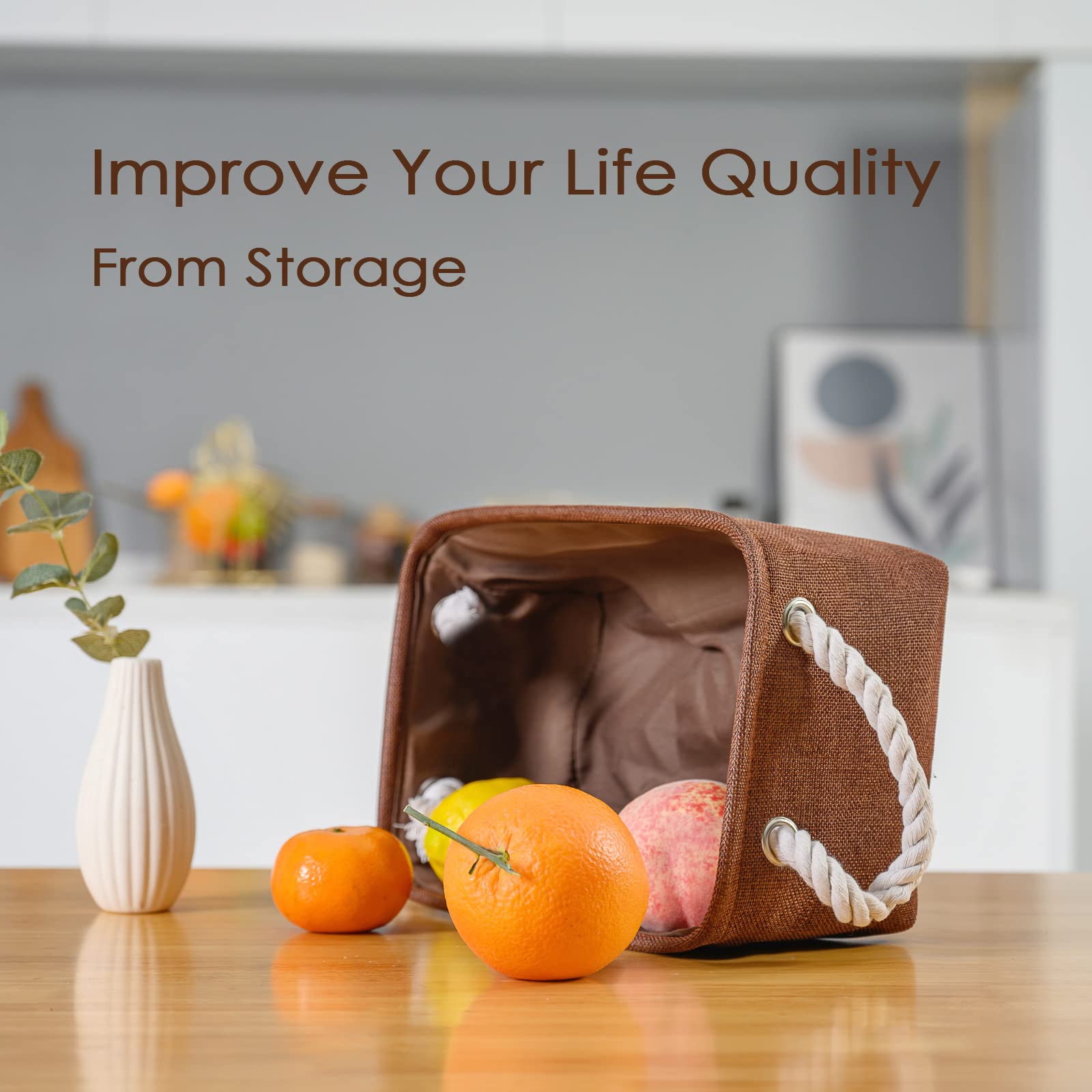 Small Foldable Fabric Storage Basket with Cotton Rope Handles - Dog Toy Organizer, Home Decor Gift Basket (11.8×7.9×5.2 inches, Brown) - Perfect for Nursery, Bathroom & Closet Organization