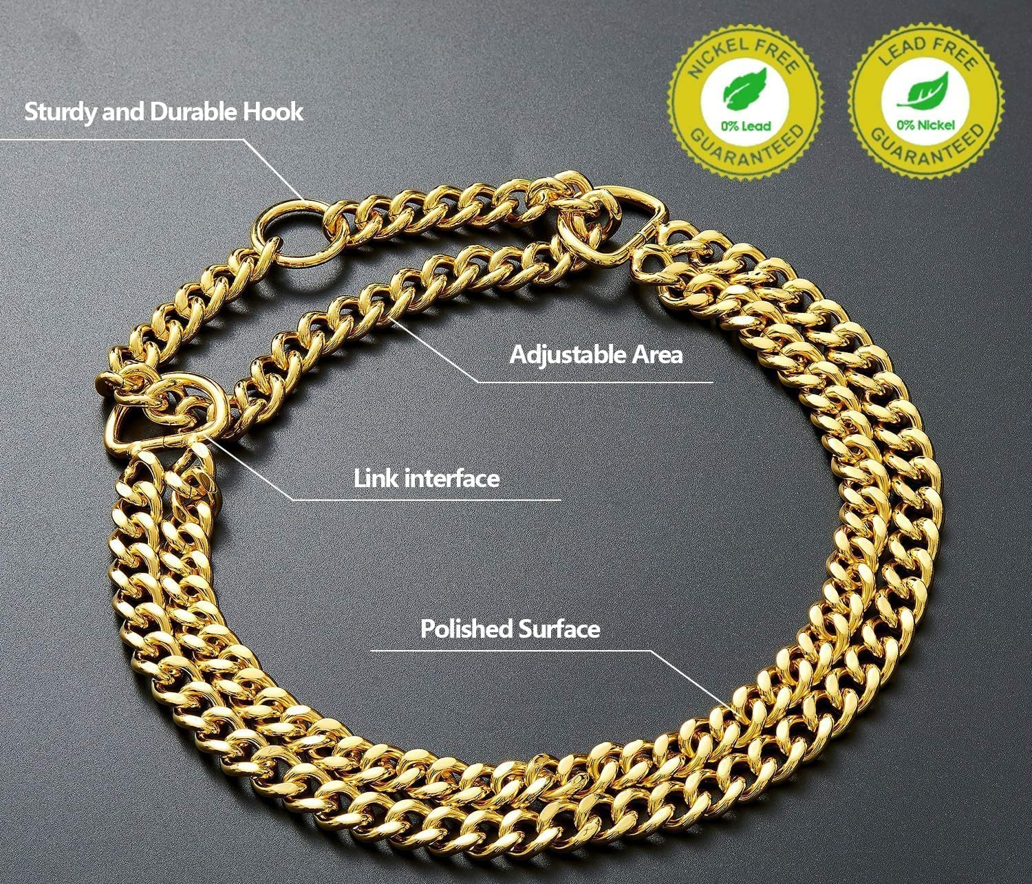RvPaws 2 Layer Dog Choke Chain Martingale Collar - 24 Inch Adjustable Training Collar for Large Dogs (Gold) - Perfect for Obedience Training, Walking & Grooming