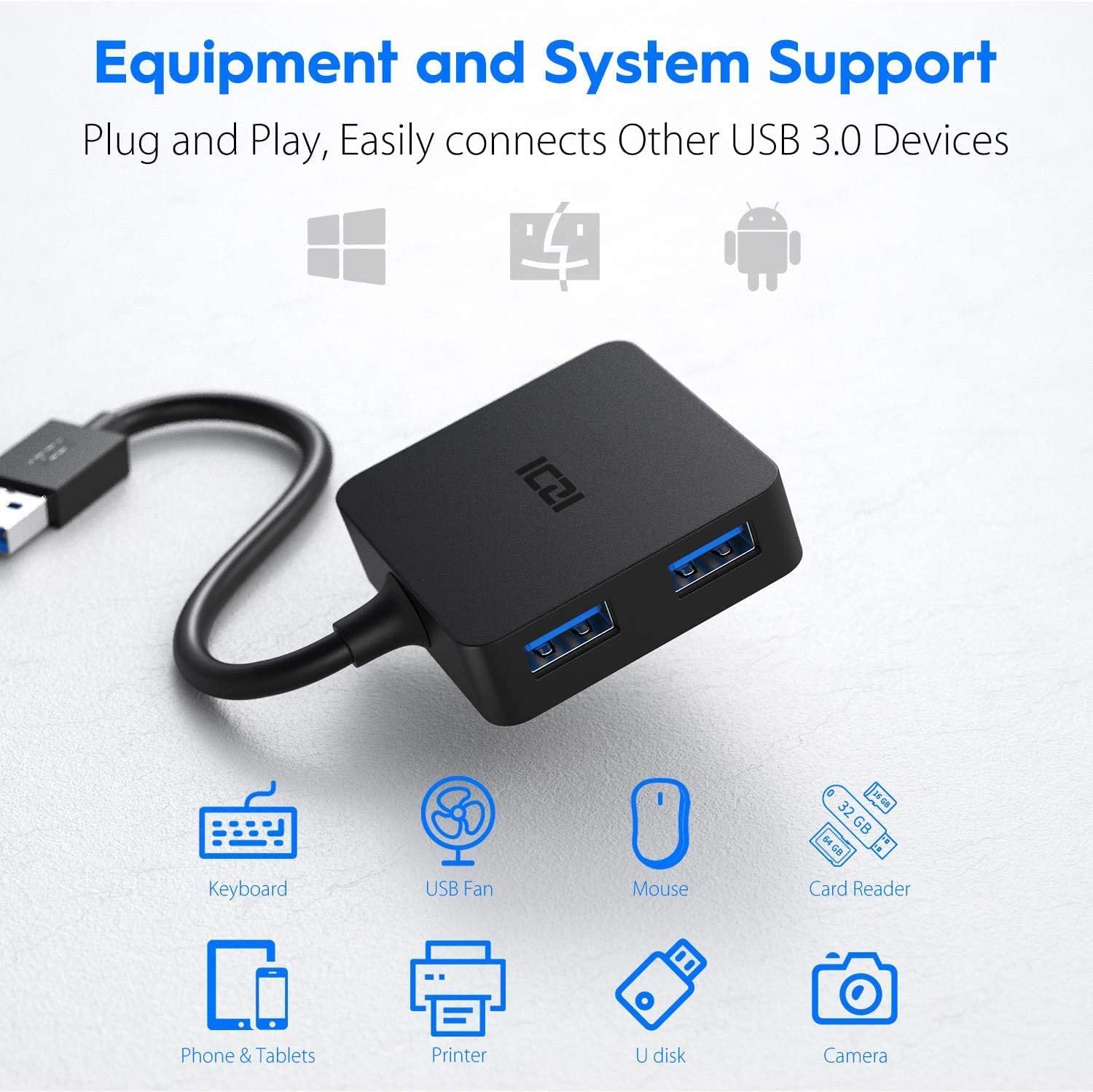 ICZI USB 3.0 Hub 4-Port Multi USB Splitter Adapter for MacBook Pro, Mac Mini, ThinkPad, XPS, Spectre x360, Surface - High-Speed Data Transfer & Charging - Perfect for Home Office, Travel, and Workspace Setup (Black)