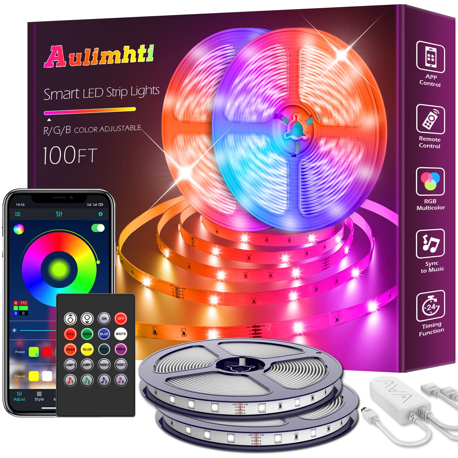 Aulimhti 100ft LED Strip Lights - Bluetooth APP Control & Music Sync, 5050 RGB Color Changing Lights with Remote for Bedroom, Room Party & Home Decor | Perfect for Gaming Setup, Holiday Lighting & Mood Ambiance
