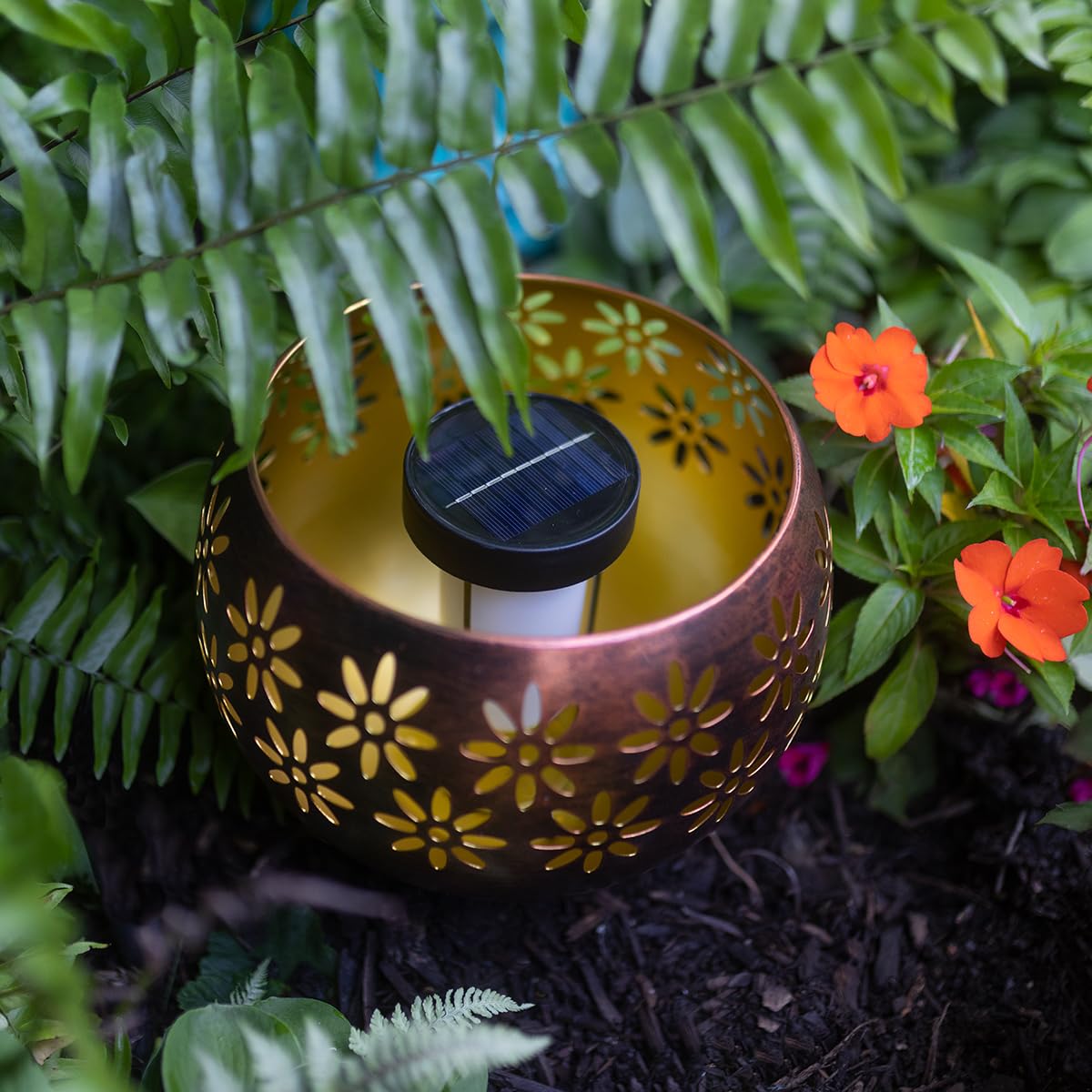 Original Solar Fire Bowl 8” (4-Pack) - Decorative Metal Solar Patio Lights with Realistic Flickering Flame, Waterproof Dusk-to-Dawn Outdoor Garden Lantern in Bronze/Copper Finish - Perfect for Backyard, Deck, Pathway & Landscape Lighting