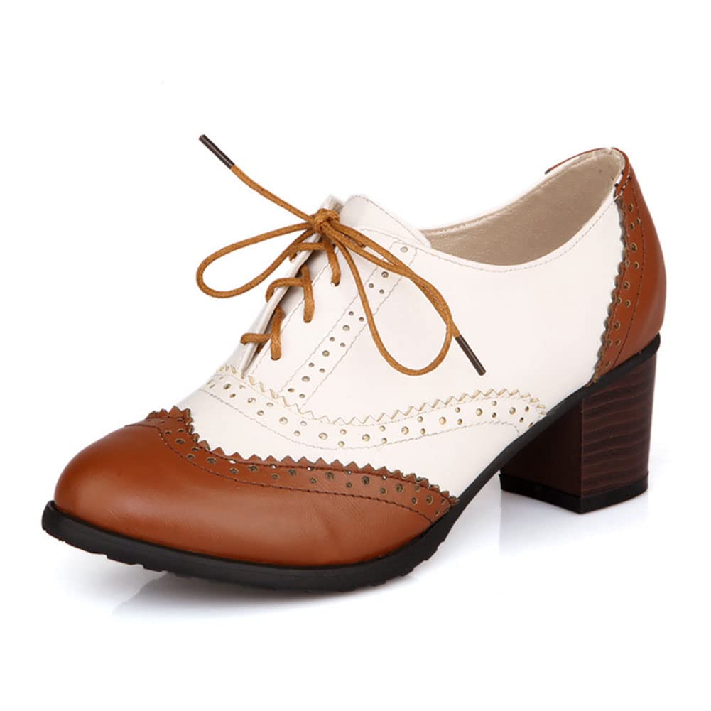 Women's Vintage Wingtip Oxford Shoes - Lace Up Brogues with Chunky Mid Heel for Office & Dress Wear | Classic Style for Work, Business & Formal Occasions