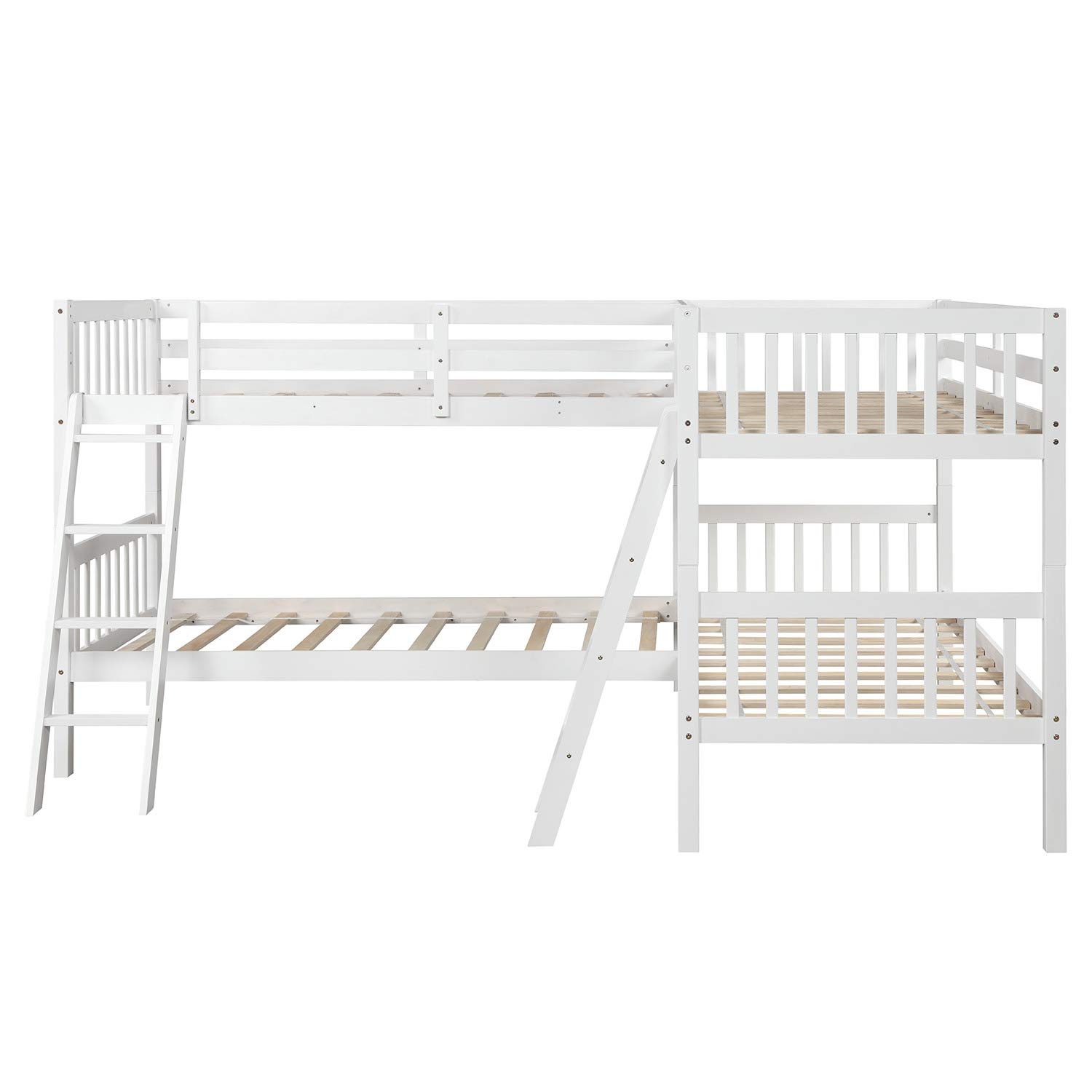 SOFTSEA Twin Over Twin L-Shaped Wooden Bunk Bed with Ladder - Space Saving Corner Loft Bed for Kids & Teens - No Box Spring Needed - Perfect for Small Bedrooms & Dorm Rooms (White)