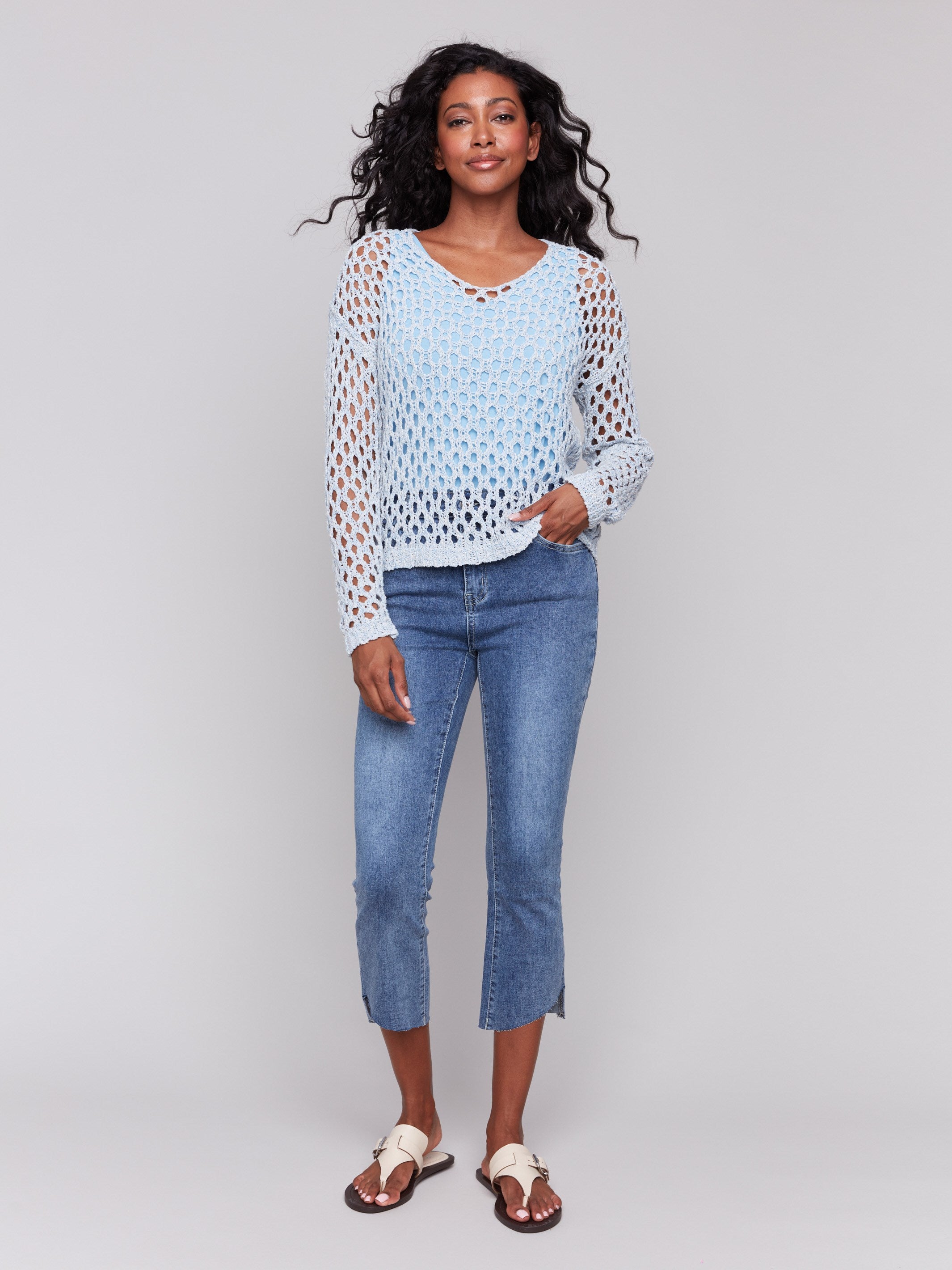 Braided Fishnet V-Neck Sweater for Women - Stylish Denim Knit Top for Casual Outfits & Night Out Looks