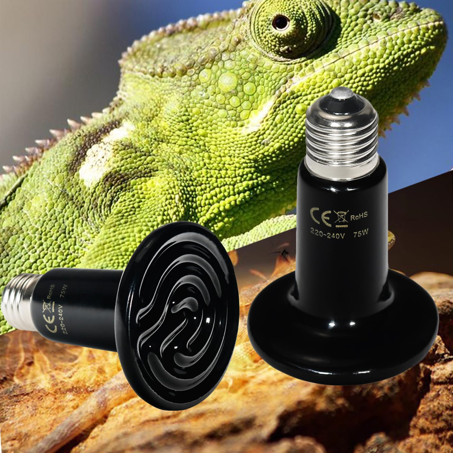 2 Pack 100W/75W Ceramic Heat Emitter Bulb for Reptiles - No Light, Safe & Energy Efficient - Perfect for Terrariums, Vivariums & Reptile Tanks
