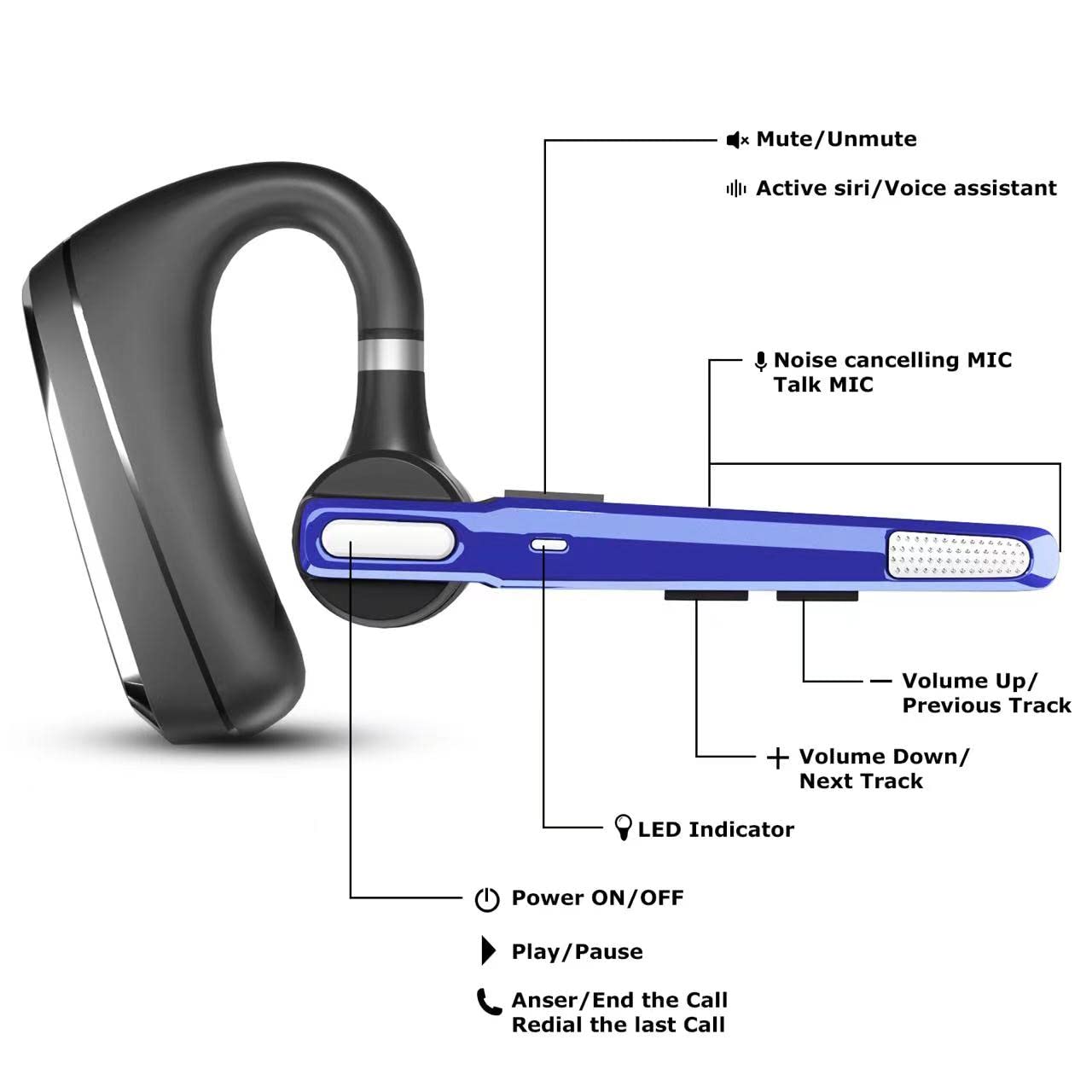 Wireless Bluetooth Headset V5.0 with 24Hrs Battery Life, HD Calling & CVC8.0 Dual Mic Noise Cancellation - Hands-Free Bluetooth Earpiece for Driving, Business, Office (Blue) | Perfect for Conference Calls, Commuting & Remote Work