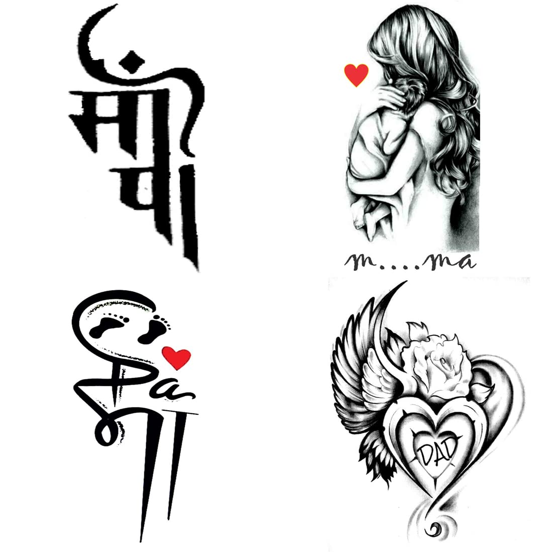 Pack of 4 Temporary Tattoos - Love Mom Dad Wing Designs for Men & Women | Waterproof Fake Body Art Stickers (2x4 Inch) | Perfect for Parties, Festivals & Family Events