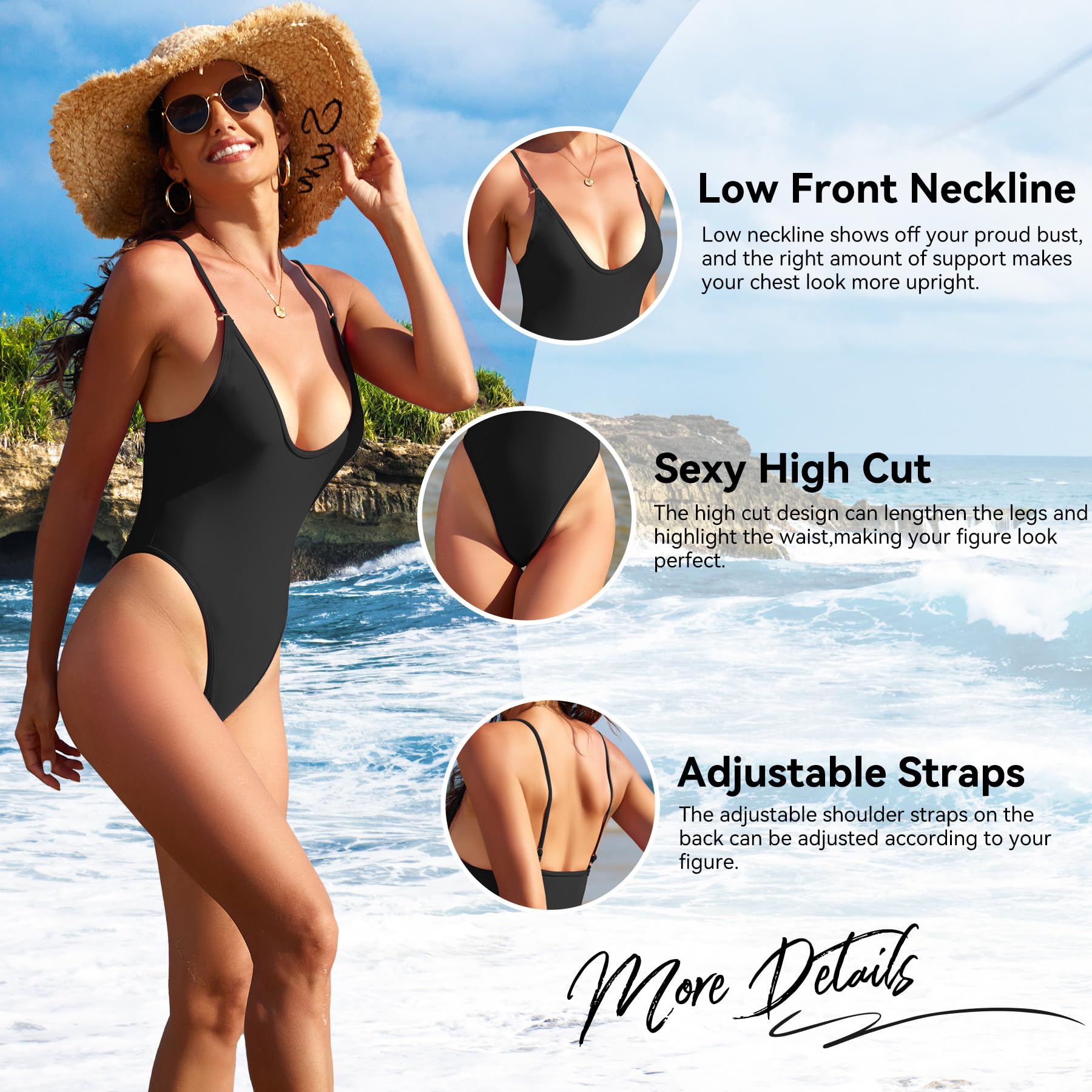 Zando Women's V-Neck One Piece Swimsuit 2025 - Sexy Cheeky Bathing Suit for Beach, Pool & Vacation | Tummy Control Swimwear for Summer