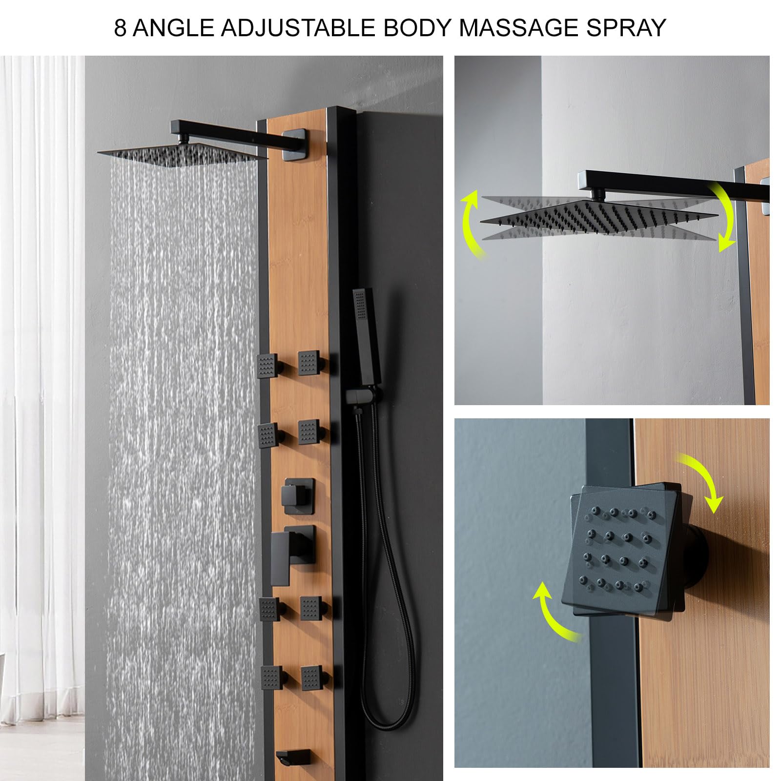 Premium Bamboo & Stainless Steel Shower Tower System with 8 Massage Jets, Adjustable Rainfall Shower Head, Handheld Wand & Tub Spout - Luxury Spa Experience for Master Bathroom Renovation