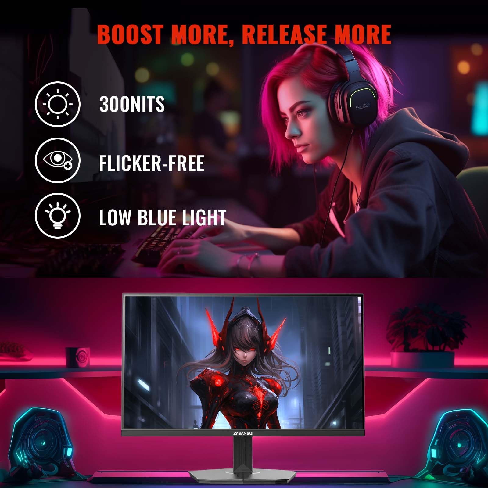SANSUI 24 Inch Gaming Monitor 180Hz 1ms Response Time, AMD FreeSync, HDR, 110% sRGB, FHD 1080P, HDMI & DP Ports, Eye Care, Frameless Design, VESA Mount - Perfect for Esports, PC Gaming & Home Office Setup (Includes HDMI Cable)