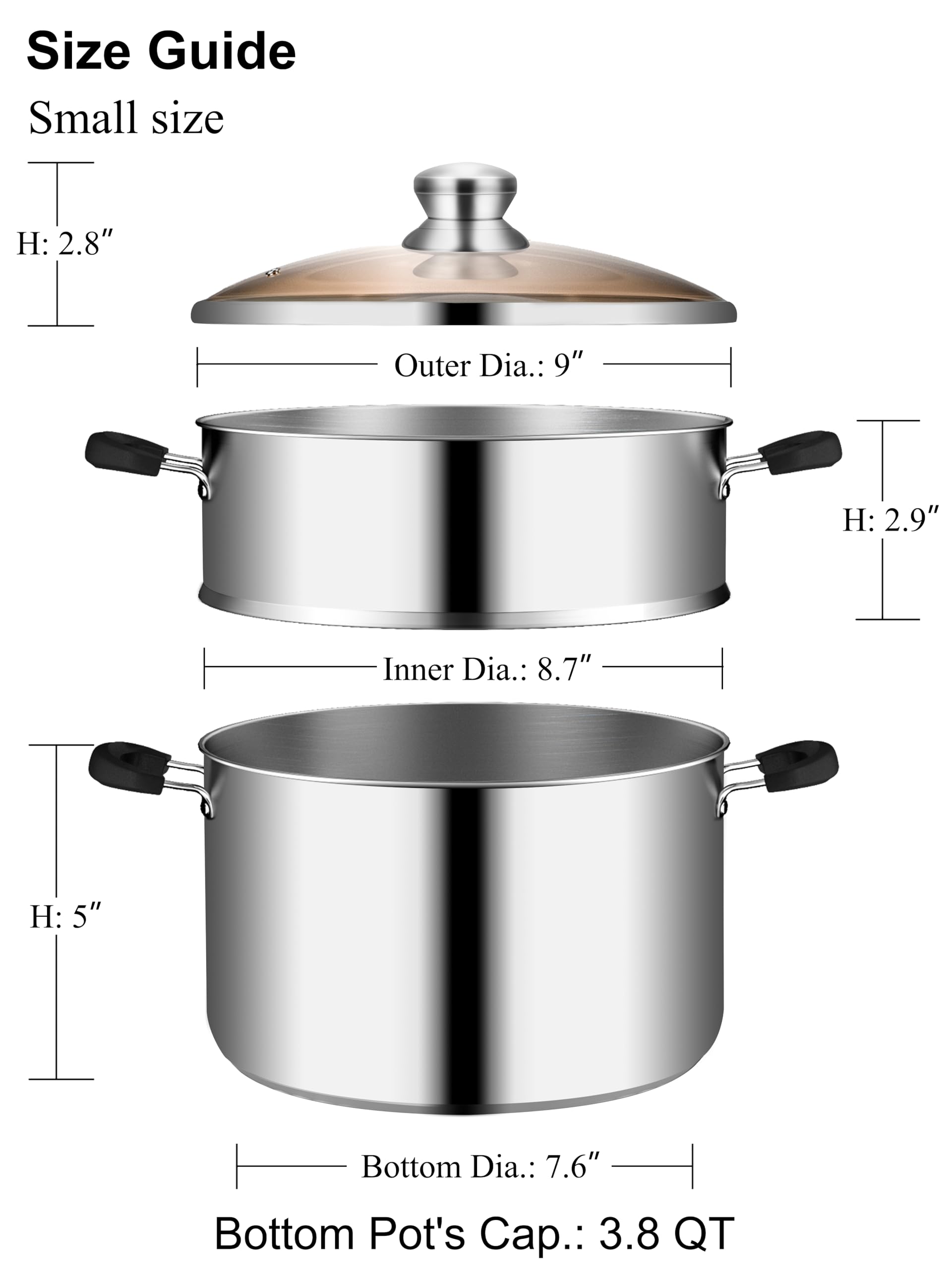 VENTION 8.7 Inch Stainless Steel Vegetable Steamer - 3.8 QT Induction-Compatible Steam Pot for Healthy Cooking | Perfect for Steaming Veggies, Dumplings & Seafood at Home