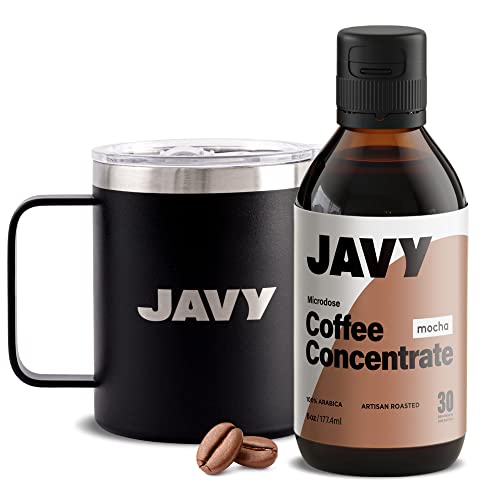 Javy Coffee Mocha Cold Brew Concentrate (6 oz) & Insulated Travel Coffee Mug (12 oz) Bundle - Premium Artisan Roaster Coffee & Stainless Steel Reusable Tumbler with Handle - Perfect for Office, Commuting & Outdoor Adventures