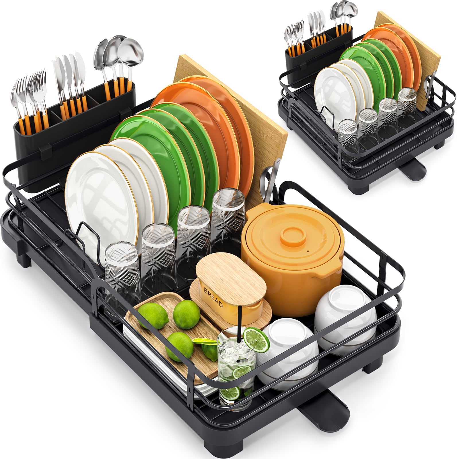 TOOLF Expandable Stainless Steel Dish Rack - Foldable Countertop Dish Drying Rack with Cutlery Holder | Space Saving Kitchen Organizer | Perfect for Small Apartments, Dorms & RV Kitchens