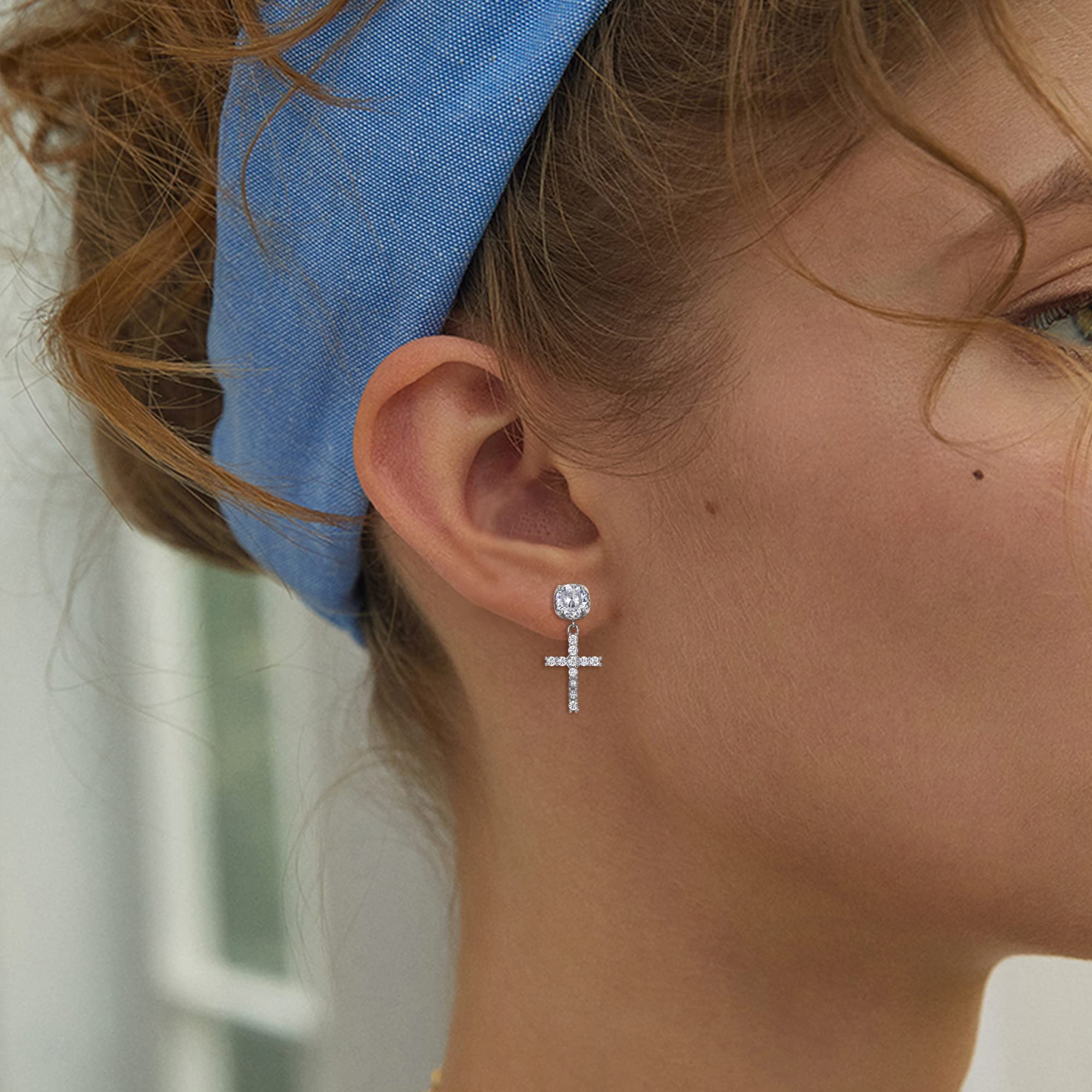 925 Sterling Silver Cross Earrings for Women & Men - Hypoallergenic Cubic Zirconia Dangle Earrings, 18K White Gold Plated Lightweight Sleeper Earrings | Perfect for Everyday Wear, Gift Giving & Special Occasions