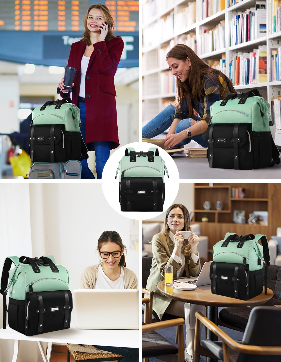 Stylish Women's Laptop Backpack with USB Charging Port - 15.6 Inch Anti-Theft College Backpack for Work & Travel - RFID Protection Shoulder Bag in Green & Black | Perfect for Students, Teachers & Business Professionals | Ideal for Commuting, Campus Use & Business Trips