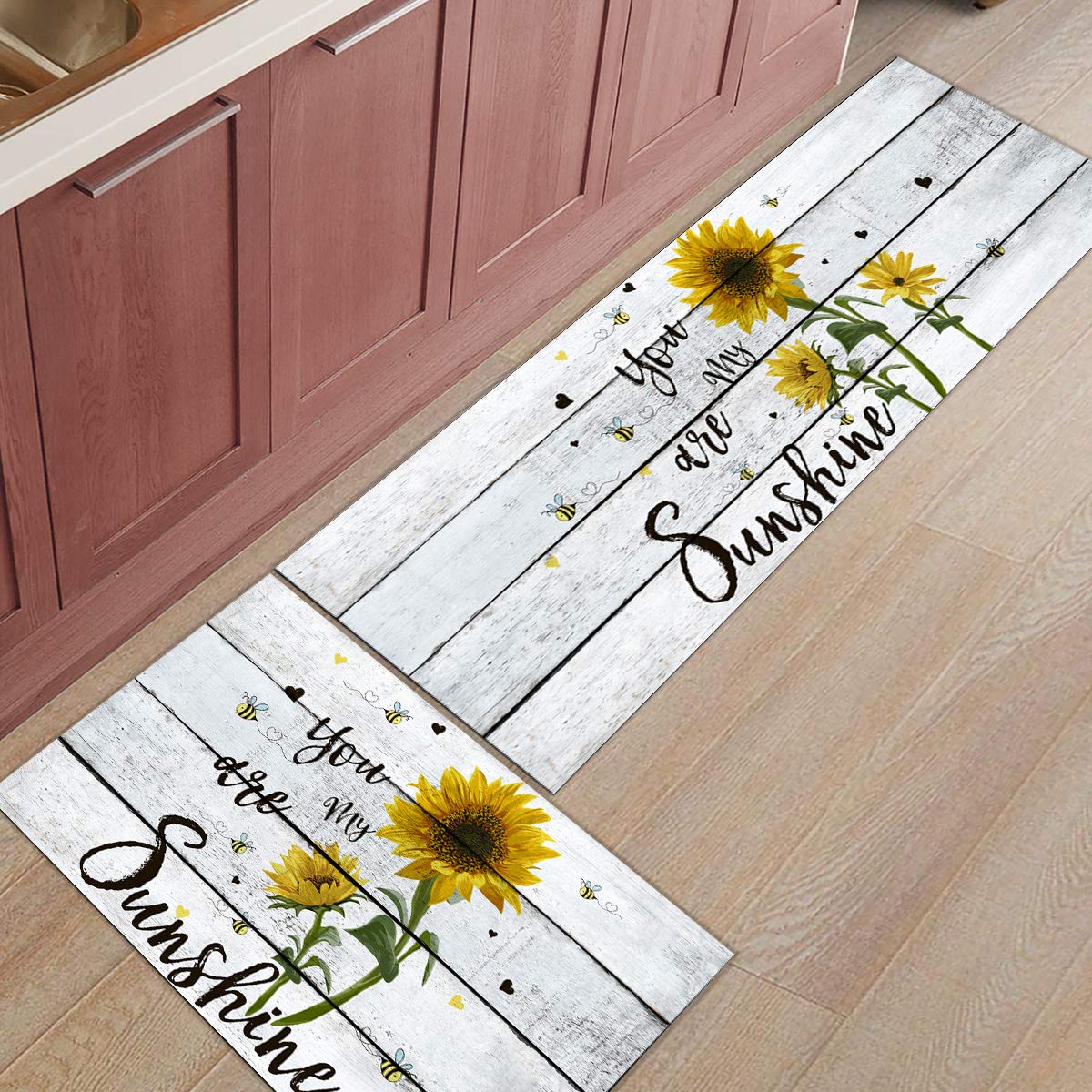 Non-Slip Anti-Fatigue Kitchen Rugs Set of 2 - Machine Washable Cushioned Floor Mats with Sunflower Design (19.7x31.5in + 19.7x63in) for Home, Dining Room & High-Traffic Areas