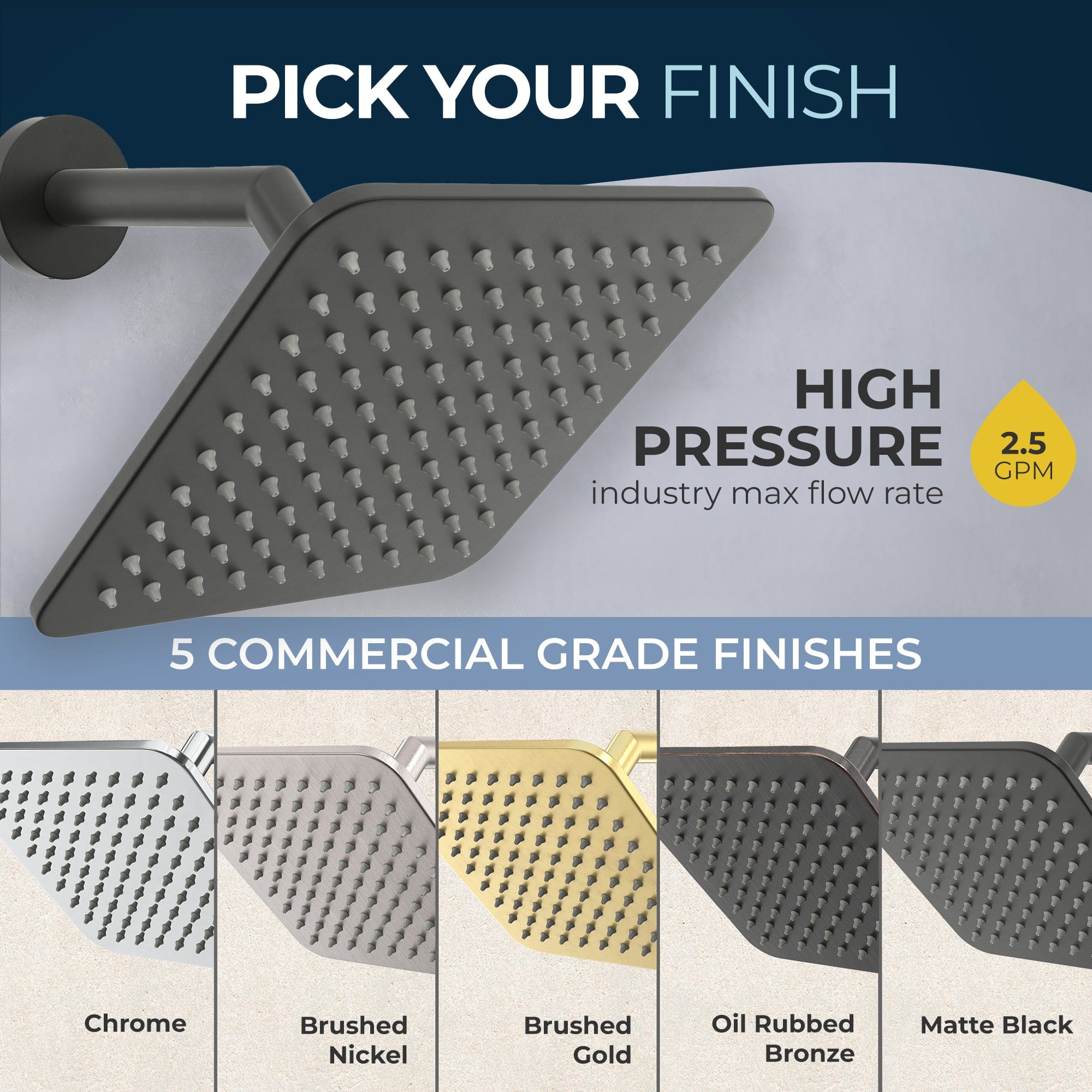 Premium 8 Inch All-Metal Square Rain Shower Head - 2.5 GPM High Pressure Rainfall Spray - Perfect for Luxury Bathroom & Spa Experience