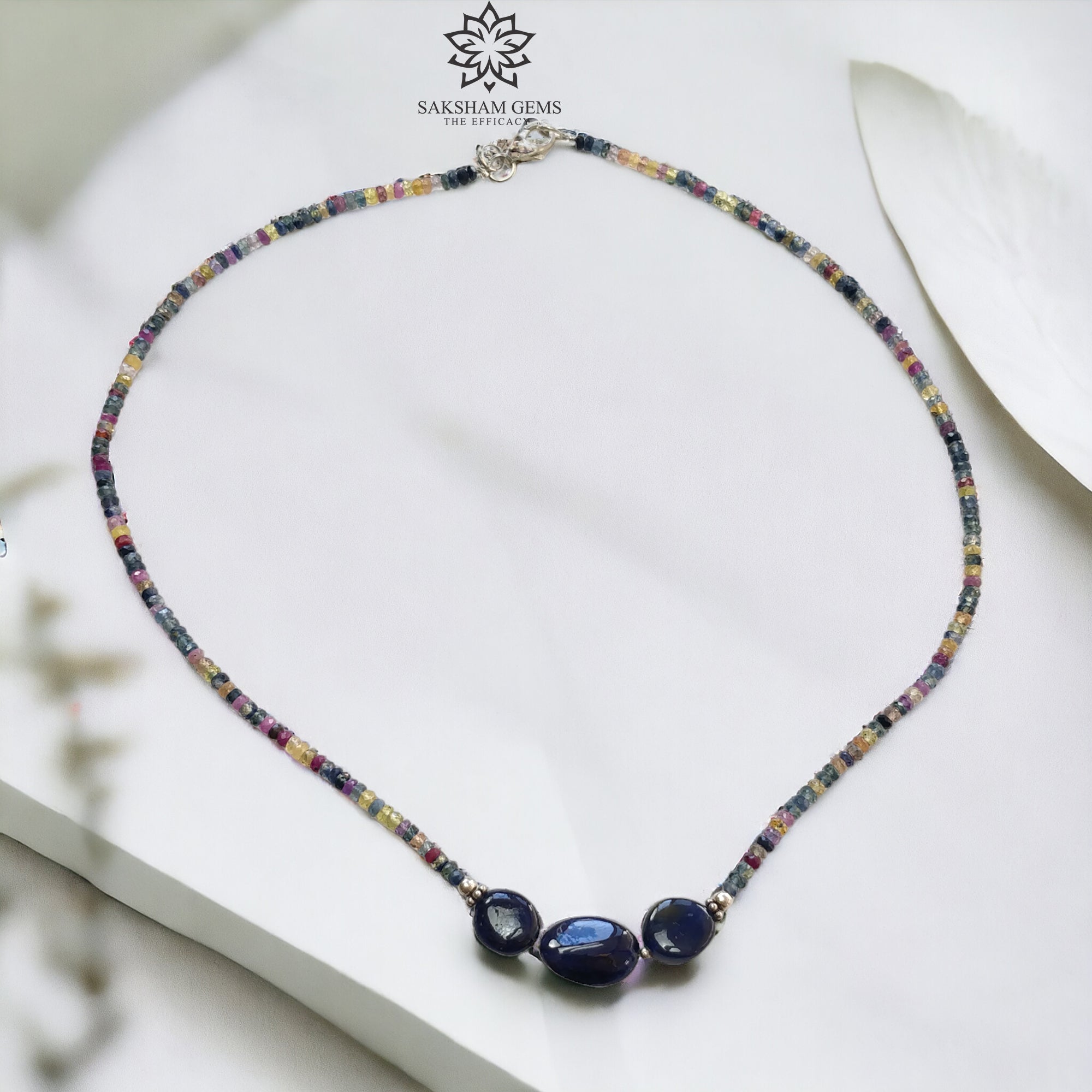 Natural Blue & Multi Sapphire Beads Necklace - 10.34gms Untreated Sapphire Gemstone Jewelry, 925 Sterling Silver Faceted Beaded Necklace for Women, 16 Inch, Perfect for Weddings, Parties & Gift Giving