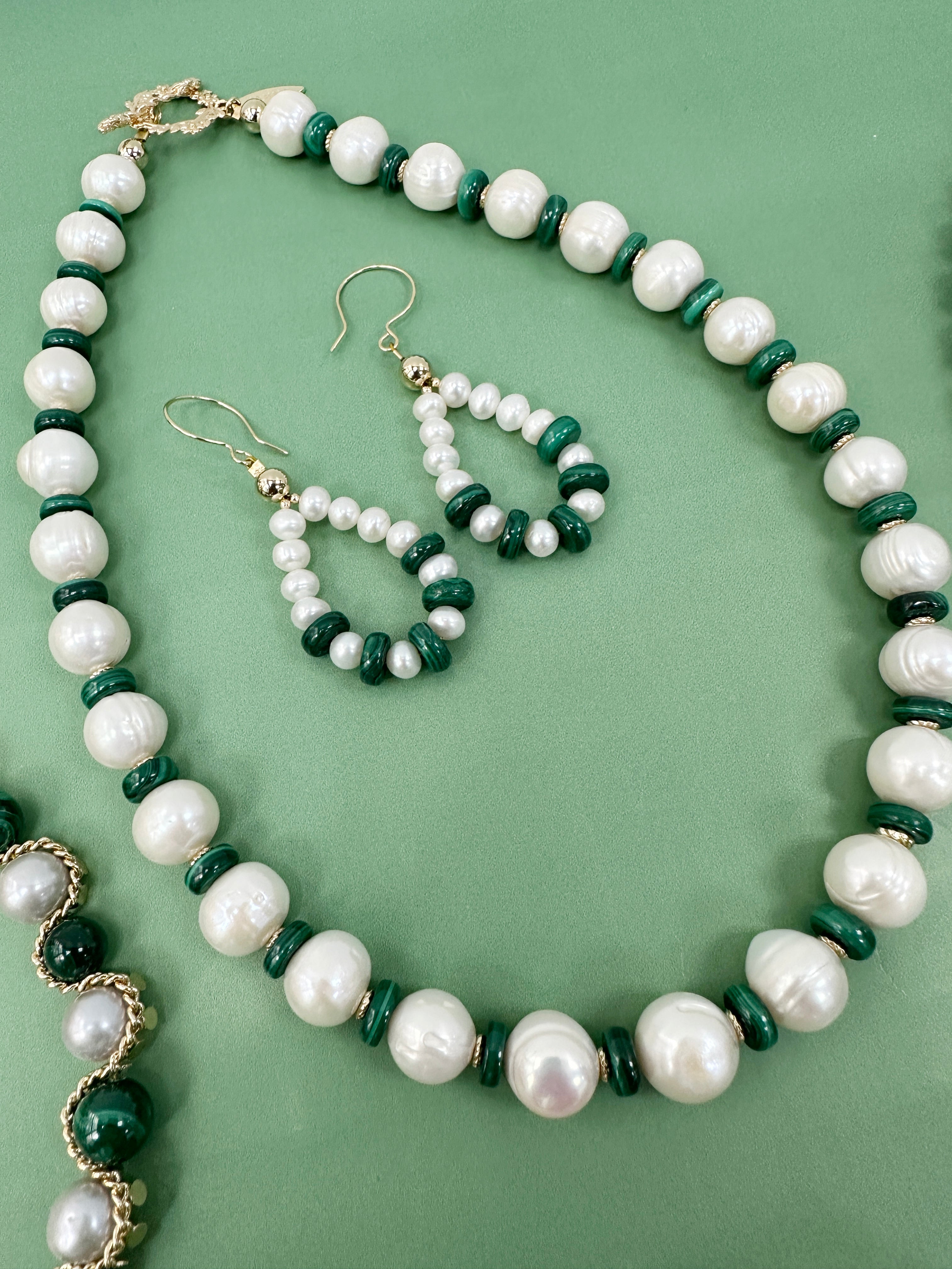 Elegant Freshwater Pearls & Green Malachite Beaded Spacer Necklace LN042 - Perfect for Weddings, Parties & Special Occasions