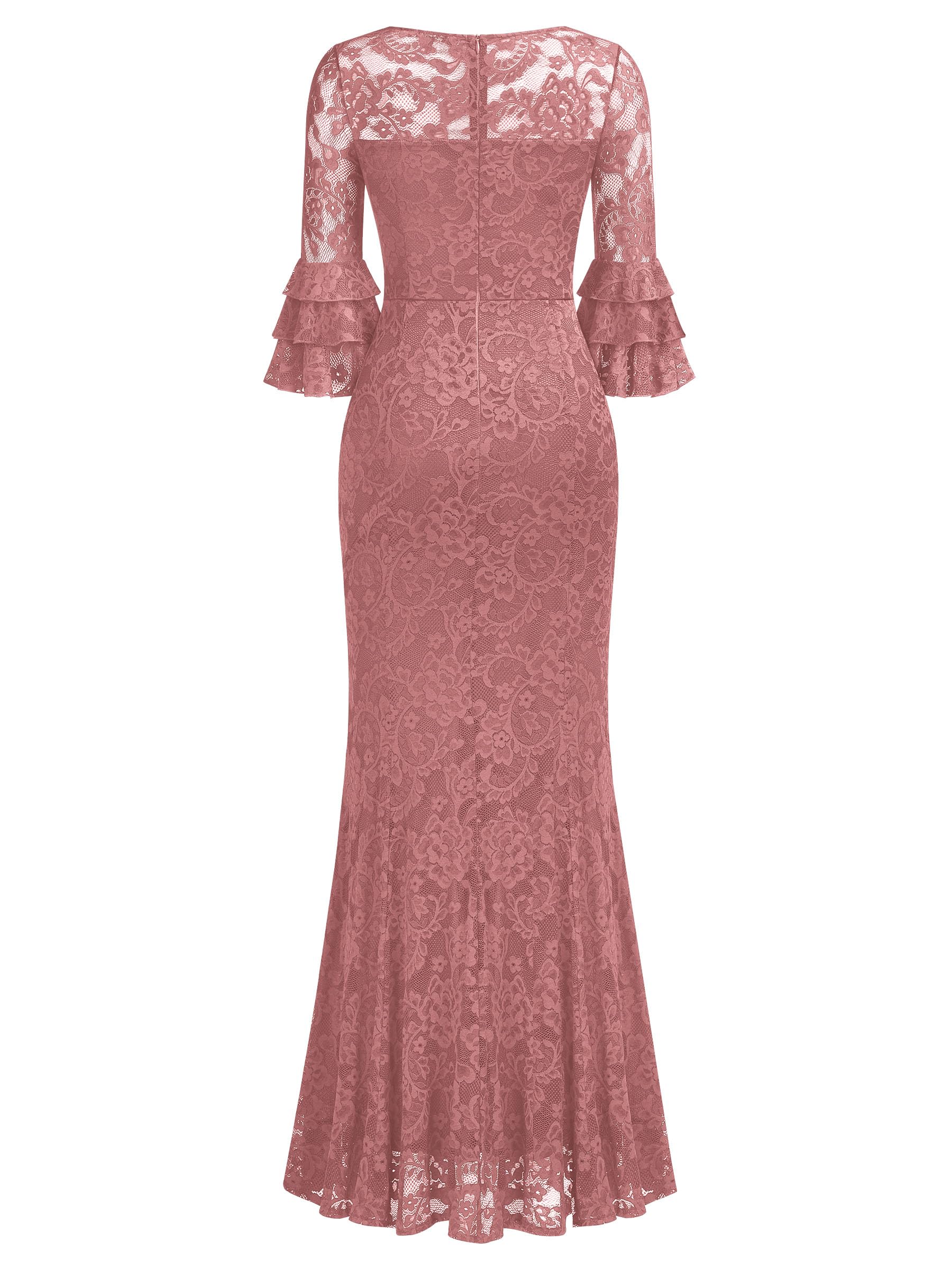 Elegant Miusol Women's V-Neck Full Lace Bell Sleeve Formal Maxi Dress for Wedding, Prom, Cocktail Party & Special Occasions
