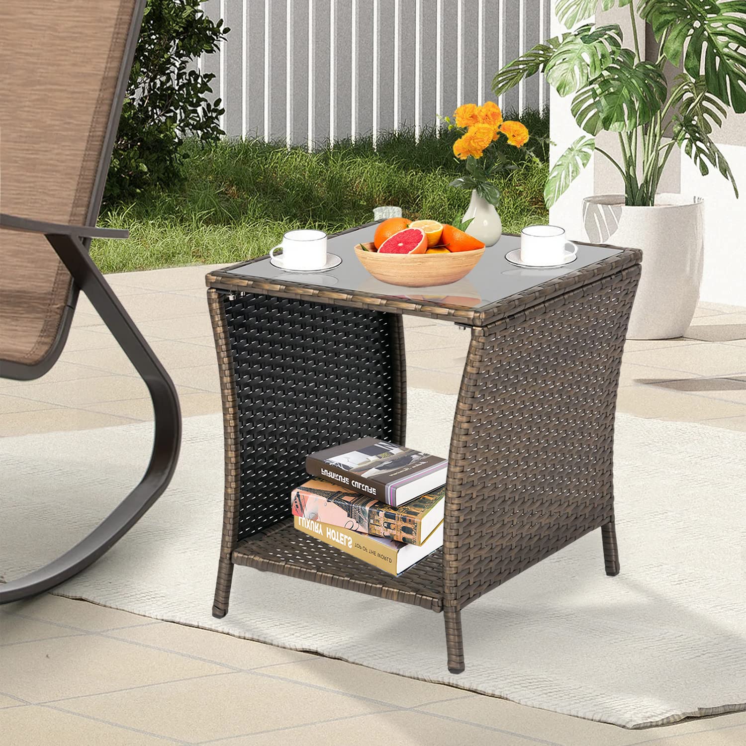 Outdoor PE Rattan Bistro Table with Iron Frame - Square Wicker Side Table with Glass Top for Patio, Garden, Poolside & Lawn - Dark Blonde Finish - Perfect for Outdoor Dining, Lounging & Entertaining