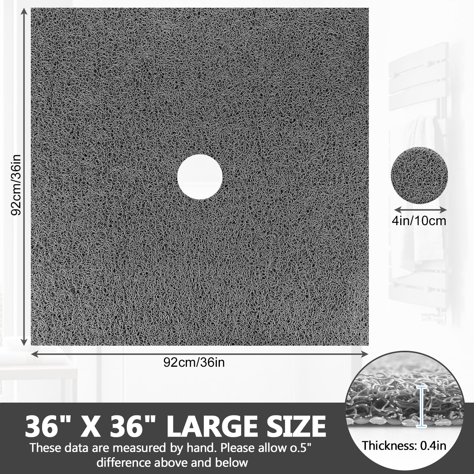 Non-Slip 36x36 Inch Square Shower Mat with Drain Hole - Extra Large Loofah Bath Mat for Shower Stall, Bathroom Floor & Tub - Anti-Slip Shower Floor Mat for Safety & Comfort