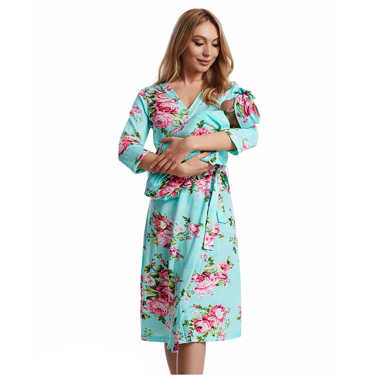Galabloomer Maternity Robe & Baby Swaddle Blanket Set - Soft Nursing Gown for Labor Delivery & Newborn Receiving Blanket - Perfect for Hospital Stay, Breastfeeding & Baby Photo Shoots