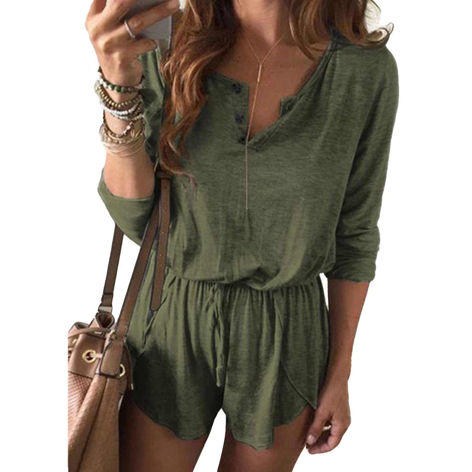 **Estink Women's V-Neck Lace-Up Jumpsuit – Solid Color Polyester Long Sleeve Romper for Casual Wear | Perfect for Daily Outfits, Date Nights & Summer Fashion**