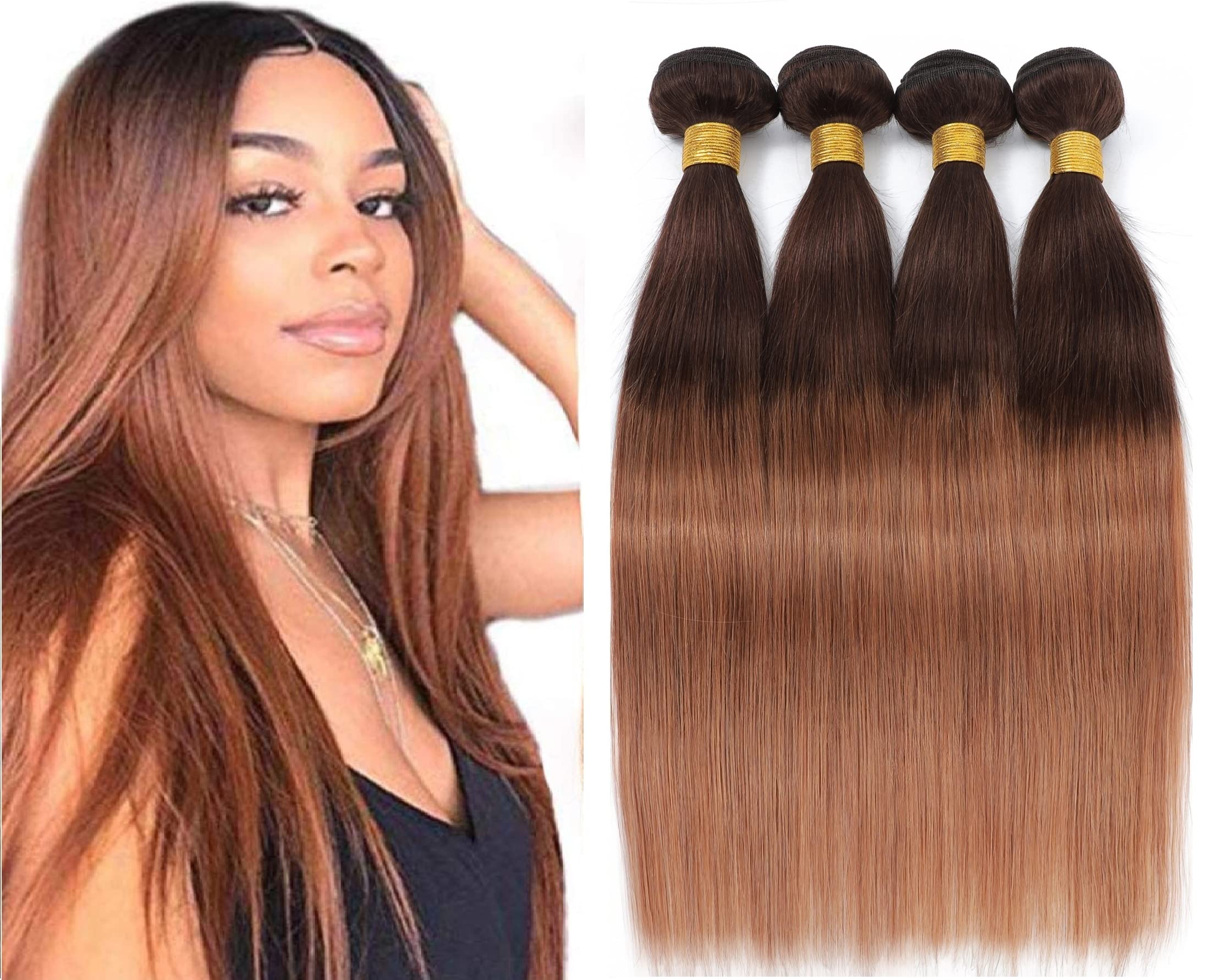 10A Ombre Brazilian Straight Hair 4 Bundles - 100% Unprocessed Virgin Remy Human Hair Weave (16 18 20 22 Inch) - T4/30 Two-Tone Color for Natural Blending - Perfect for Sew-Ins, Clip-Ins, and Everyday Styling