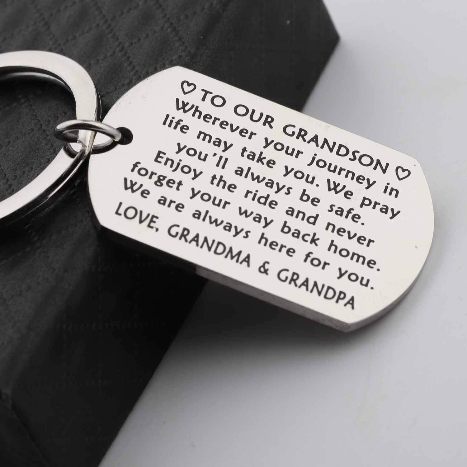 Personalized Grandson Keychain - Engraved Gift for Grandson from Grandparents | Birthday, Graduation & Special Occasion Present | Perfect for School Backpacks, Key Rings & Memory Keepsakes