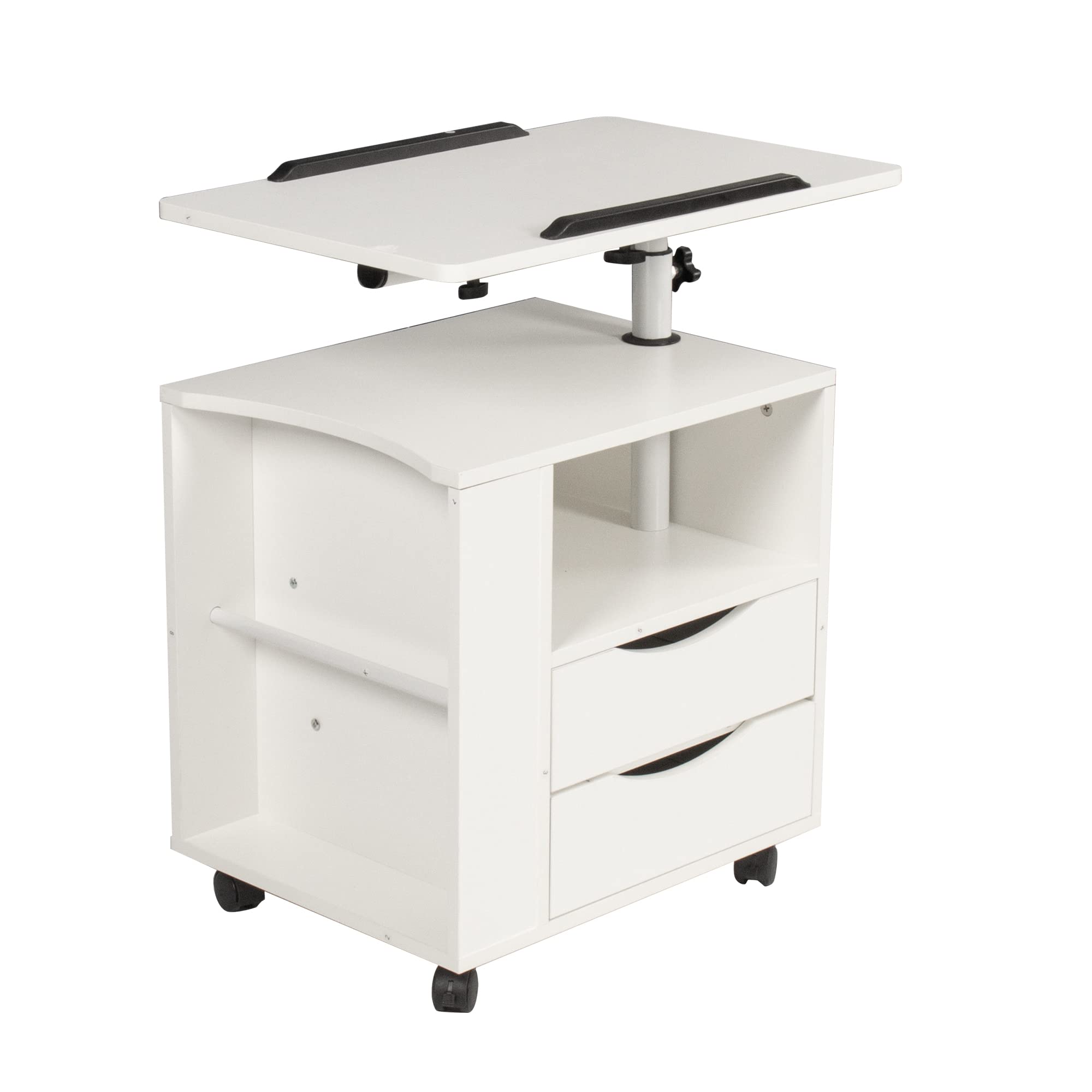 Adjustable Height Overbed Table with Swivel Top - Wooden Nightstand with Storage Drawers, Wheels & Open Shelf - Perfect for Hospital Beds, Nursing Homes & Home Care (White)