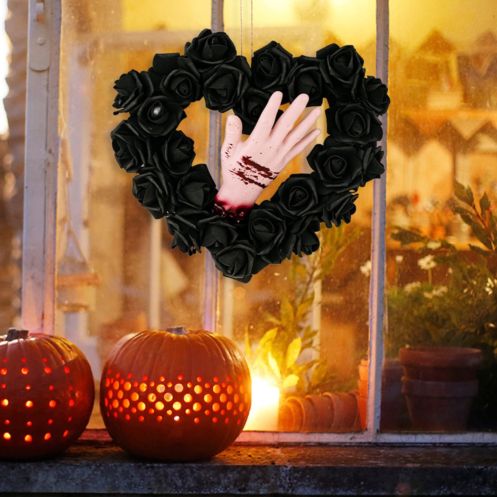 Walbest Halloween Wreath for Front Door Decor - Elegant Black Rose Heart Wreath with Red Hand Accents, Gothic Party Garland for Halloween, Christmas & Home Decor | Perfect for Front Door, Mantel & Party Backdrops