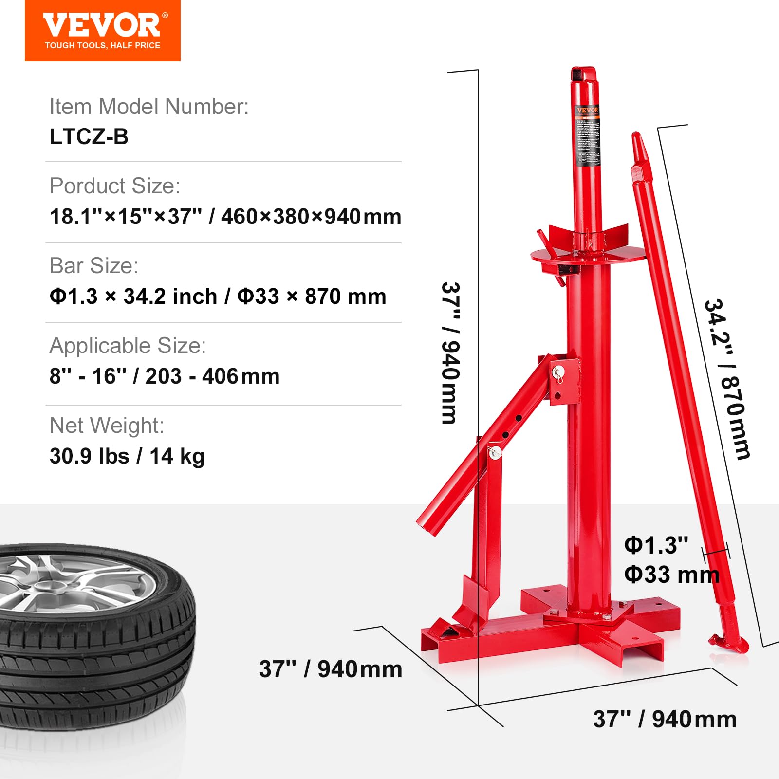 VEVOR Manual Tire Changer with Bead Breaker - Portable Hand Tool for 203-406mm (8-16 Inch) Tires - Ideal for Car, Motorcycle & ATV Tire Repair at Home or Garage