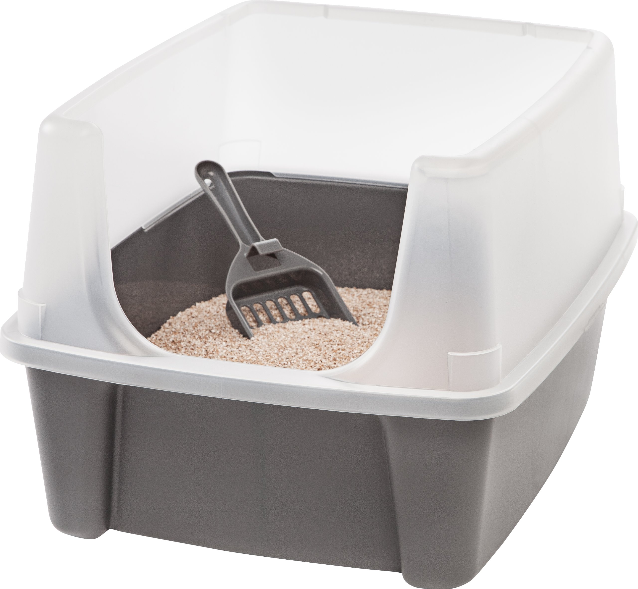 IRIS USA Open Top Cat Litter Box with Scatter Shield & Scoop - Gray Large Litter Pan for Indoor Cats | Odor Control & Easy Cleaning for Home, Apartment