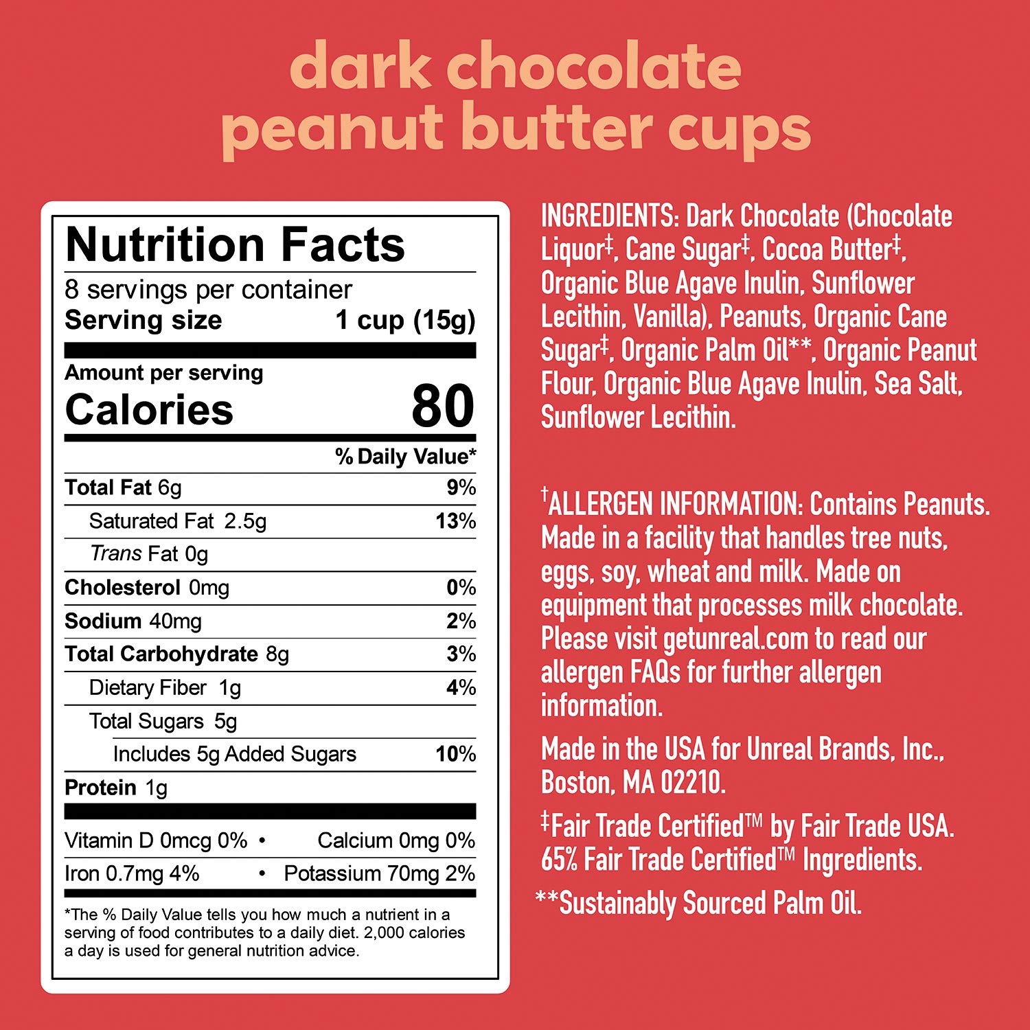 UNREAL Dark Chocolate Peanut Butter Cups - Low Sugar (5g), Vegan, Gluten Free, Fair Trade, Non-GMO, No Sugar Alcohols or Soy - 6 Pack | Healthy Snack for Office, Travel & Keto Diet