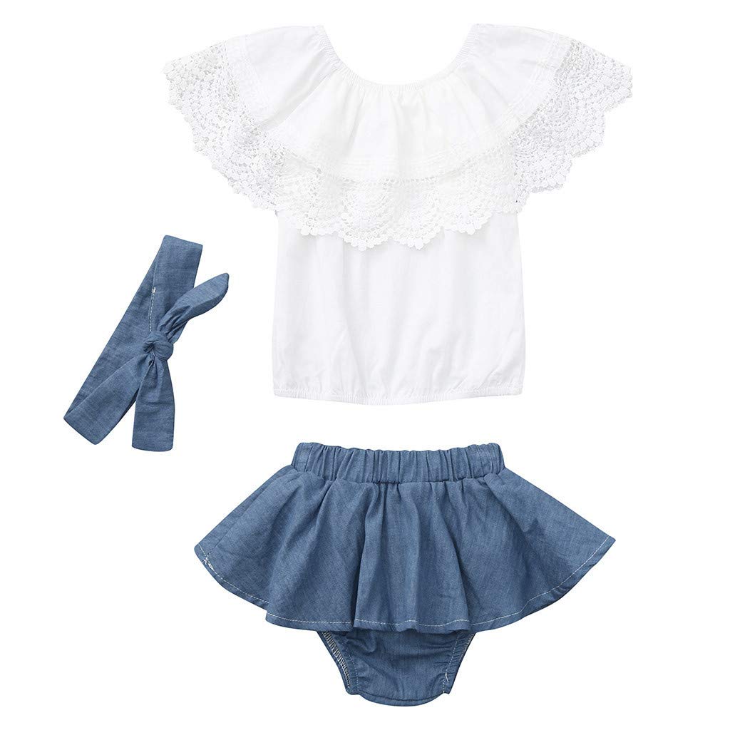 Girls Beach Midi Dress Set with Lace Ruffles & Denim Shorts - Summer Baby Outfit with Matching Headband | Perfect for Vacations, Photo Shoots & Casual Wear
