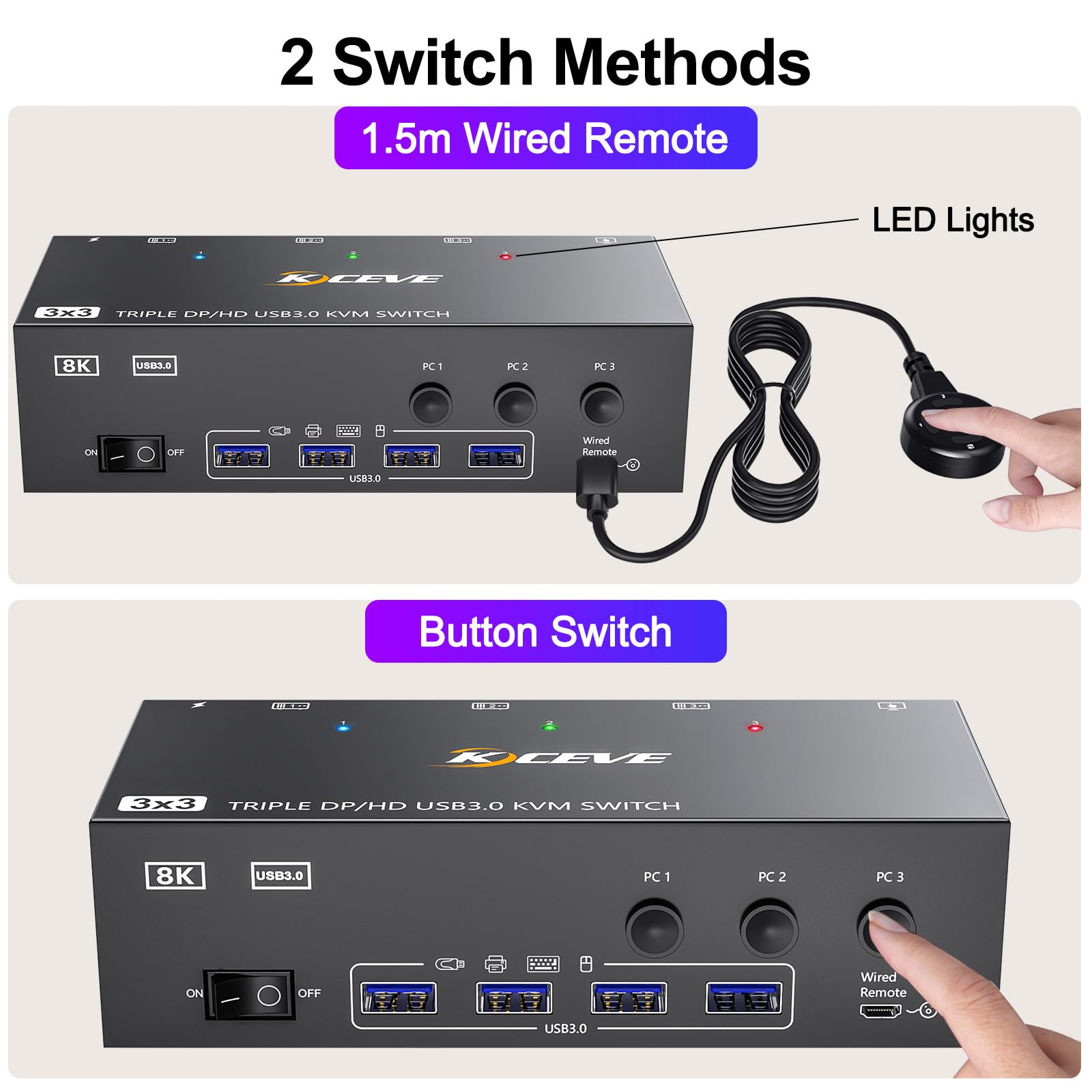 YOUTINGHDAV USB 3.0 KVM Switch for 3 Monitors & 3 Computers - Triple Display with 2 DisplayPort & HDMI Ports, Supports 8K@60Hz & 4K@144Hz - Ideal for Multi-PC Workstations, Gaming Setups & Office Environments