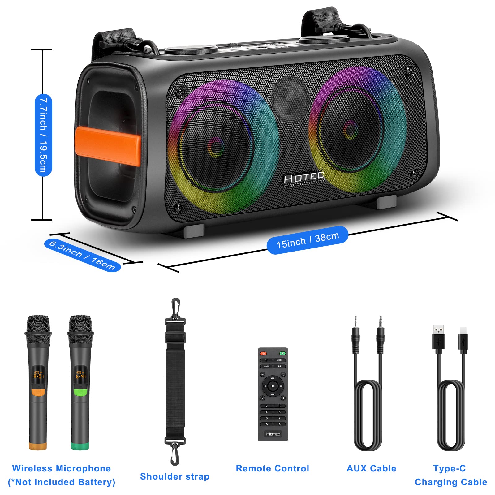 Hotec Portable Bluetooth Karaoke Machine with 2 Wireless Microphones - PA Speaker for Adults & Kids, LED Party Lights, TF/USB/AUX Input, TWS & Recording Function - Perfect for Home Parties, Outdoor Gatherings & Family Entertainment