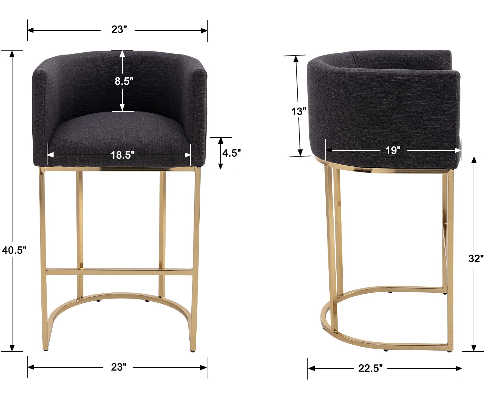 Modern 32 Inch Counter Height Bar Stool with Linen Upholstery & Gold Metal Frame - Back Support Kitchen Island Stool for Dining Room, Bar, or Breakfast Nook - Charcoal Gray