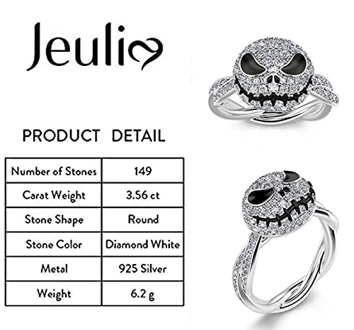 Jeulia Jack Skellington Sterling Silver Rotating Skull Ring - Nightmare Before Christmas Inspired Jewelry for Women & Men | Diamond Solitaire Engagement, Anniversary Gift for Couples | Perfect for Halloween, Christmas, Gothic Weddings & Alternative Fashion