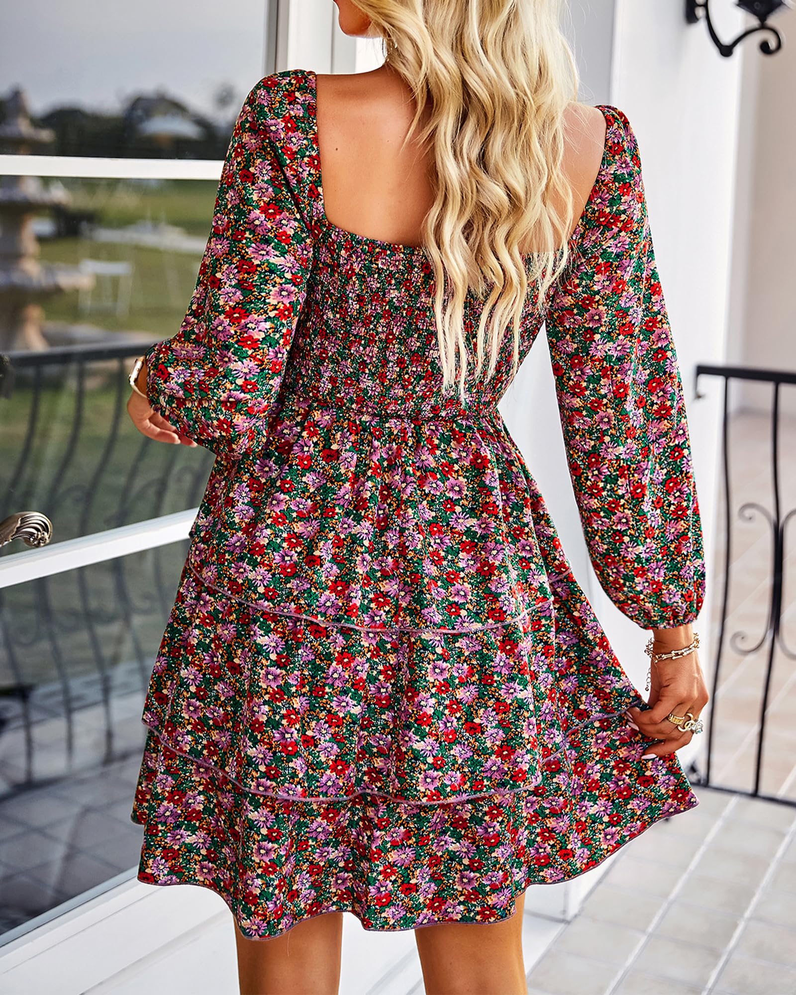 BTFBM Women's Square Neck Smocked Floral Swiss Dot Mini Dress - Long Sleeve Boho Wedding Guest Dress for Spring & Summer 2025 | Perfect for Garden Parties, Bridal Showers & Casual Outings