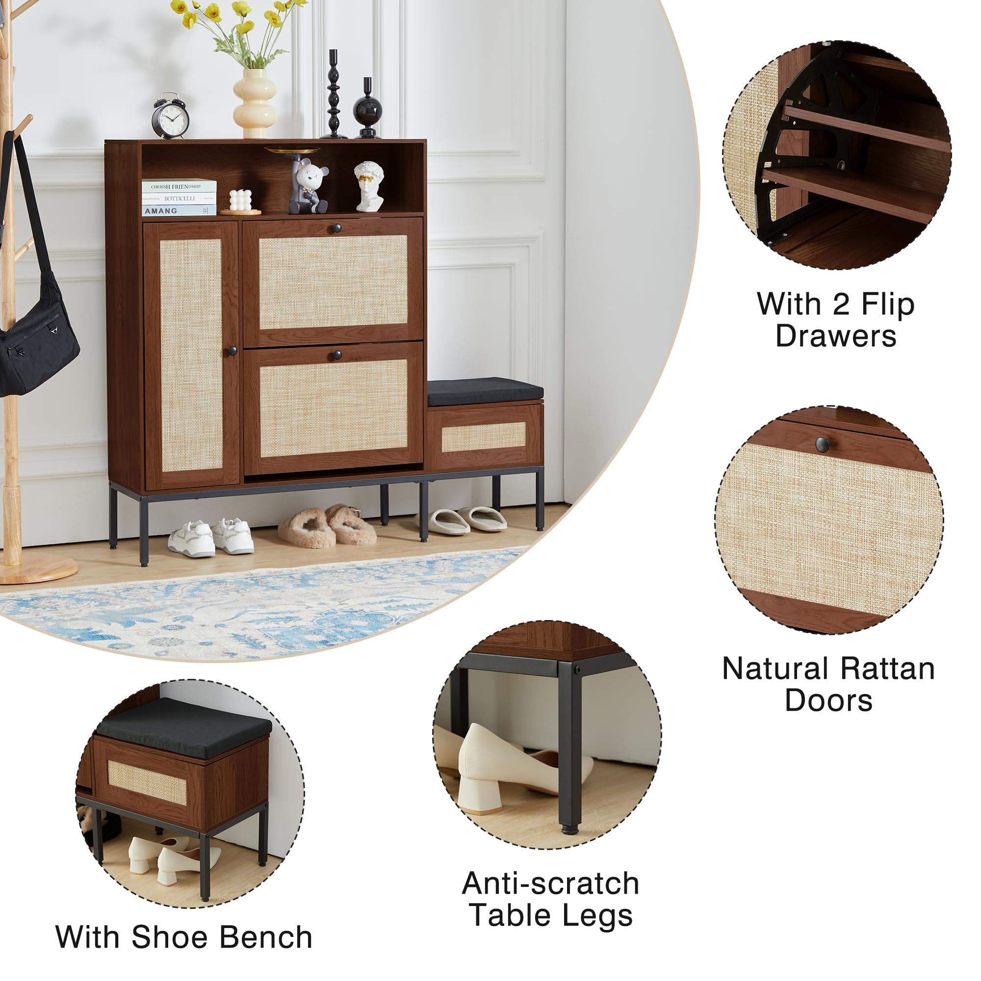 Modern Shoe Storage Cabinet with 2 Flip Drawers & Rattan Door - Entryway Bench with Hidden Space, Shoe Rack Organizer for Hallway, Living Room, Bedroom (Walnut) - Perfect for Small Spaces & Shoe Lovers