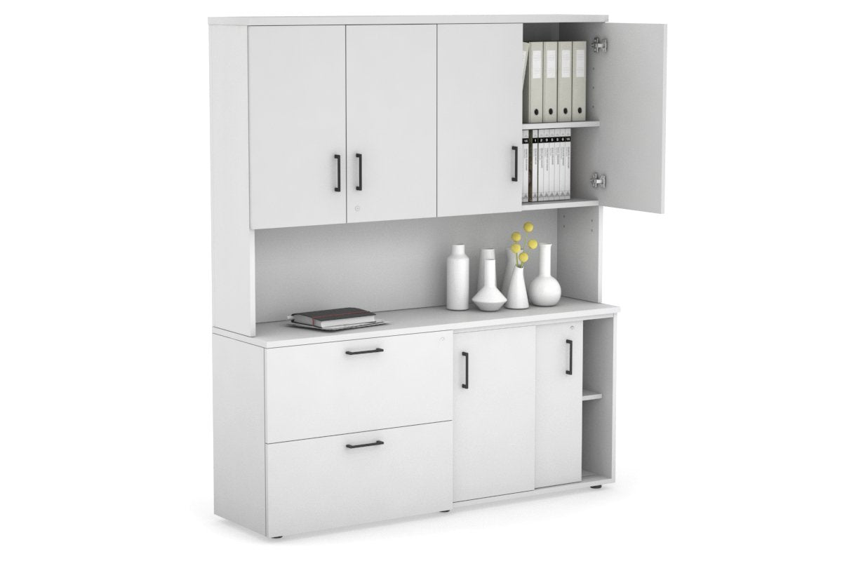 2-Door Sliding Credenza with 2-Drawer Lateral File Cabinet & Hutch - Modern Office Storage Solution for Home or Business Workspaces