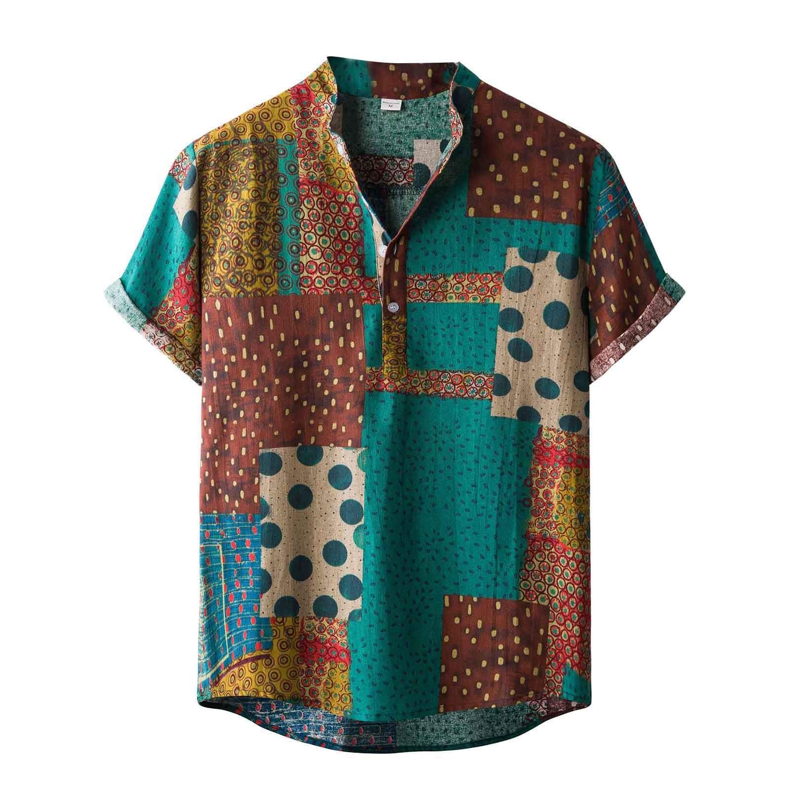 XDDLITP Men's Linen Short Sleeve Hawaiian Shirt - Casual Ethnic Print Blouse & T-Shirt for Teen Girls - Perfect for Beach Vacations, Summer Parties & Tropical Getaways