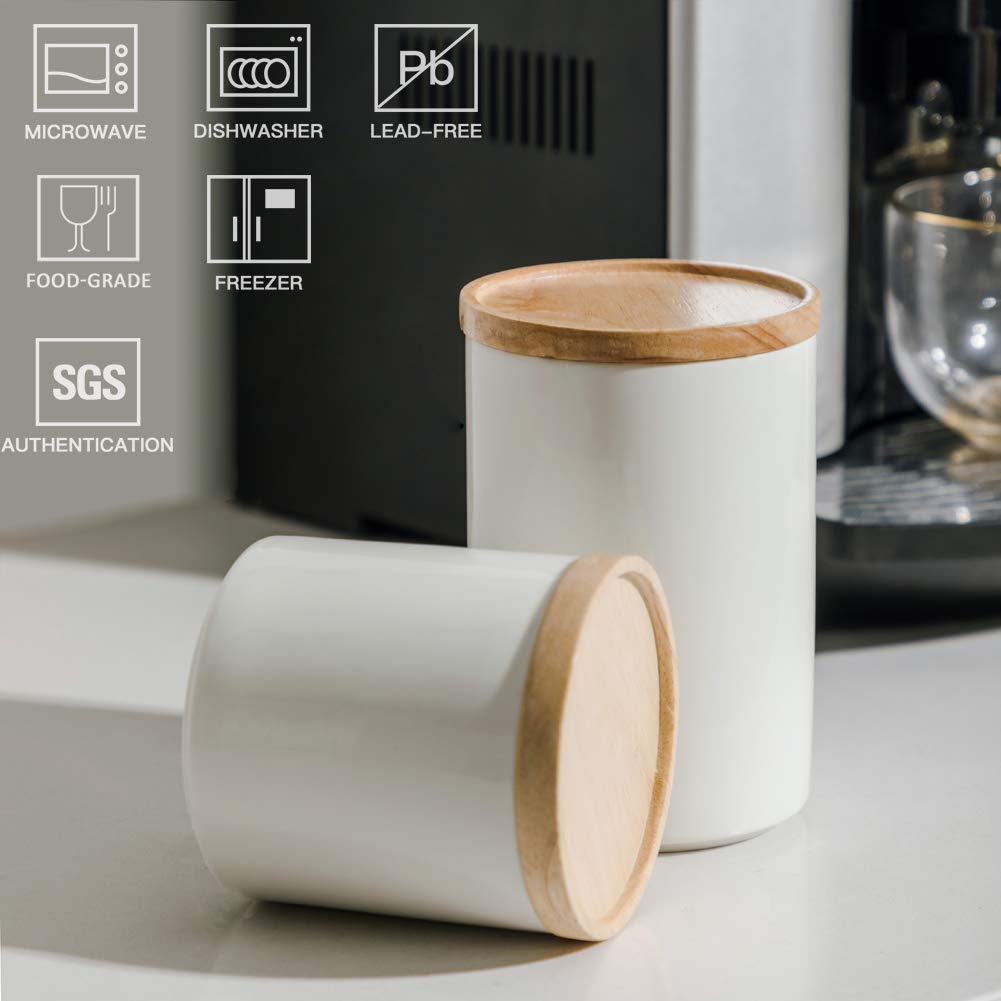 Sweejar Ceramic Food Storage Canisters with Airtight Wooden Lid - 28oz Stackable Kitchen Containers for Coffee, Tea, Sugar, Salt | Perfect for Pantry Organization & Countertop Display (White)